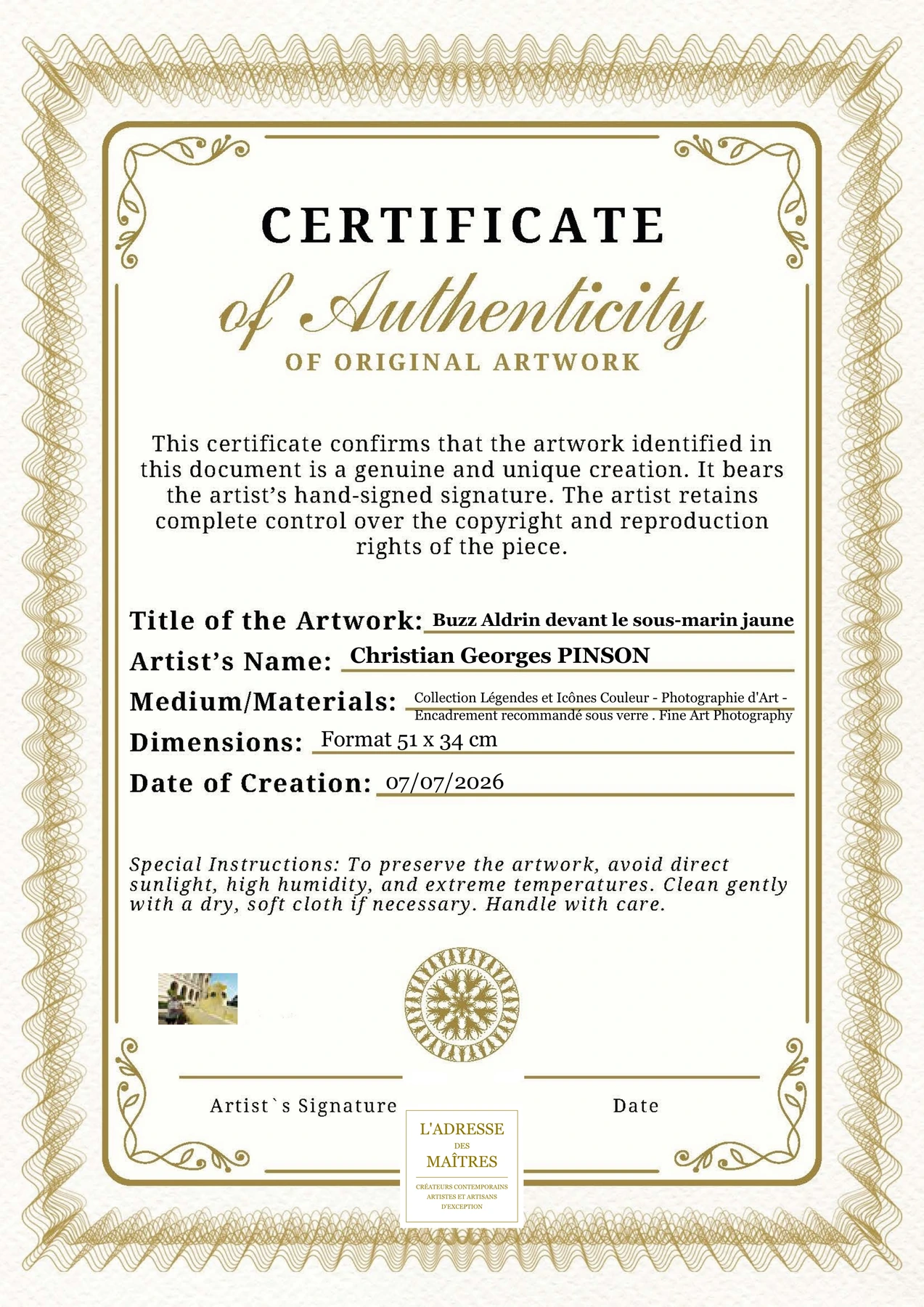 Certificat d'authenticité - Buzz Aldrin devant le sous-marin jaune - Christian Georges PINSON
