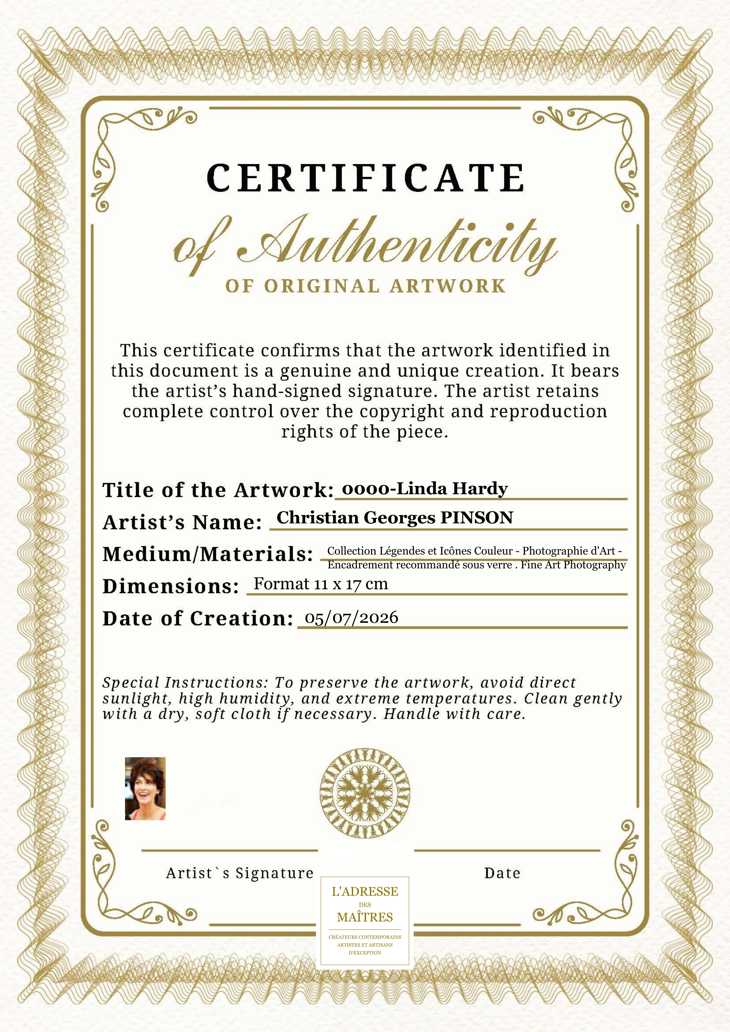 Certificat d'authenticité — 0000-Linda Hardy — Christian Georges PINSON