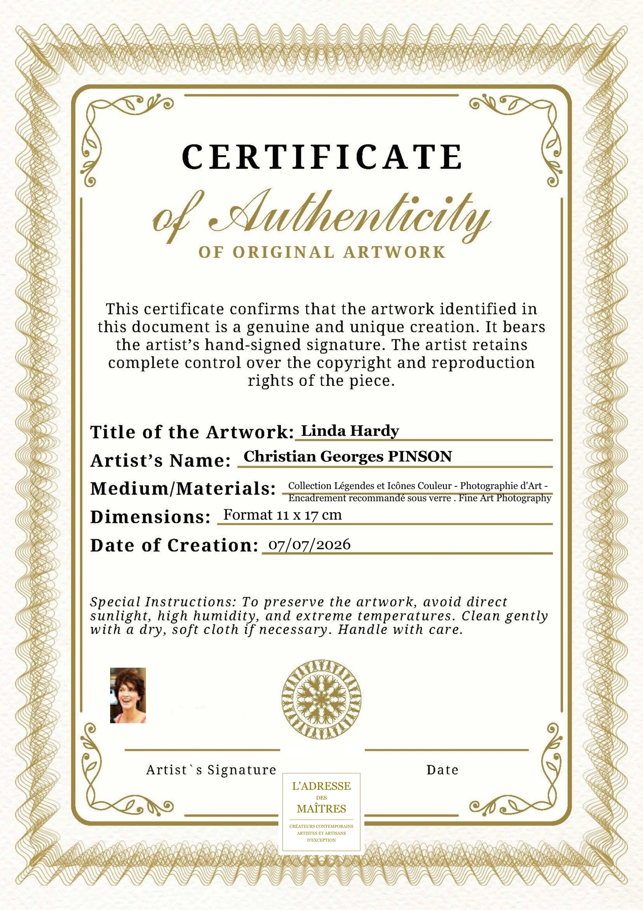 Certificat d'authenticité - Linda Hardy - Christian Georges PINSON