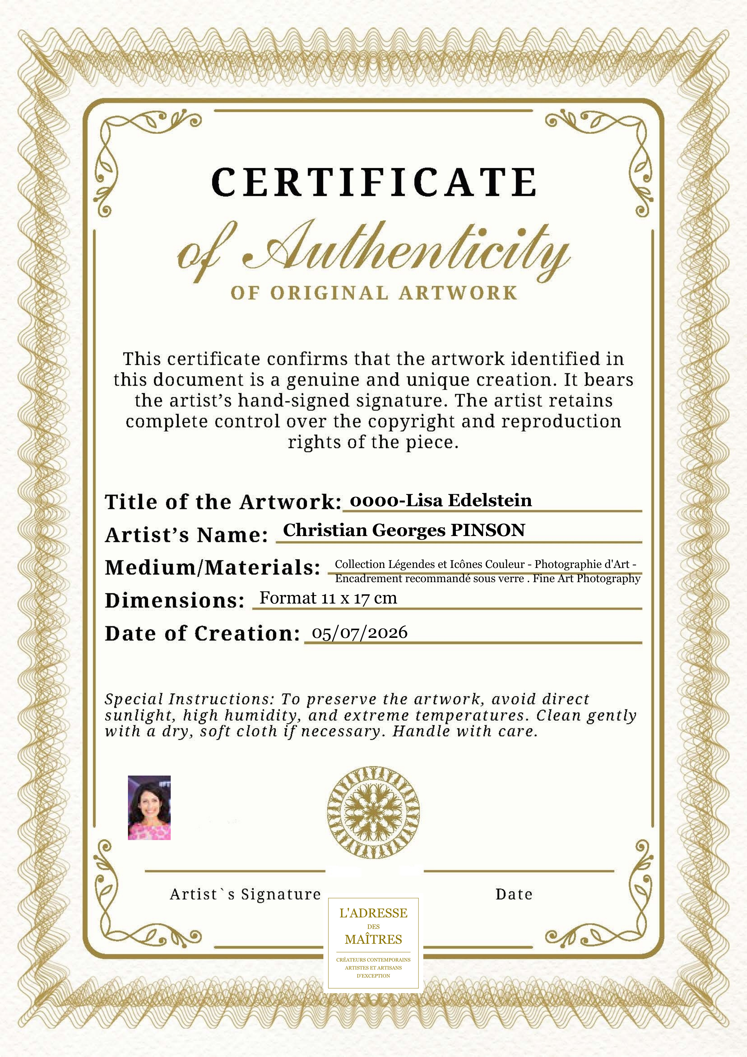 Certificat d'authenticité — 0000-Lisa Edelstein — Christian Georges PINSON