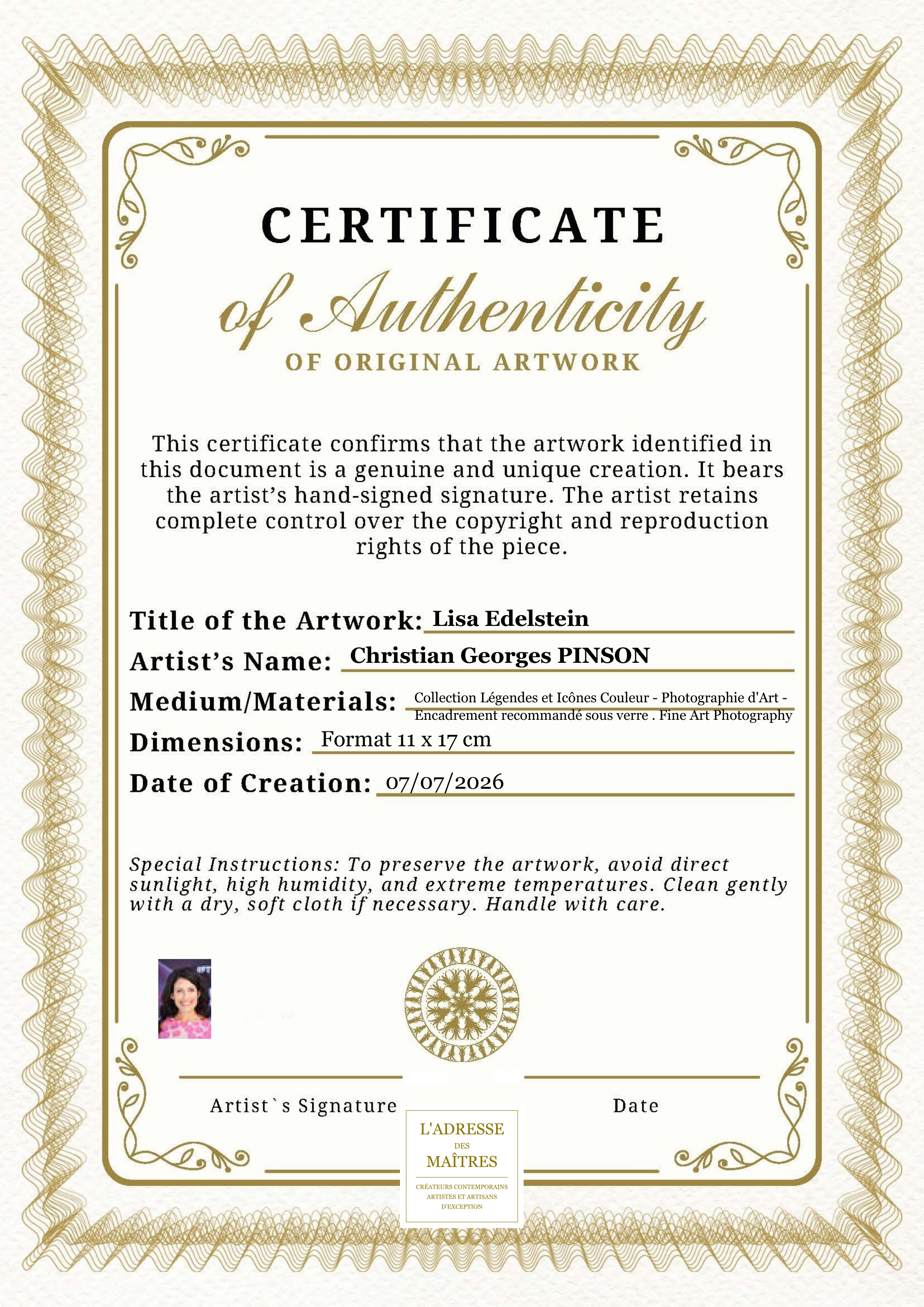 Certificat d'authenticité — Lisa Edelstein — Christian Georges PINSON