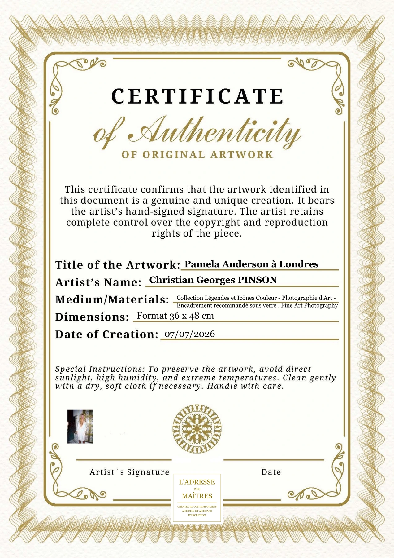 Certificat d'authenticité - Pamela Anderson à Londres - Christian Georges PINSON