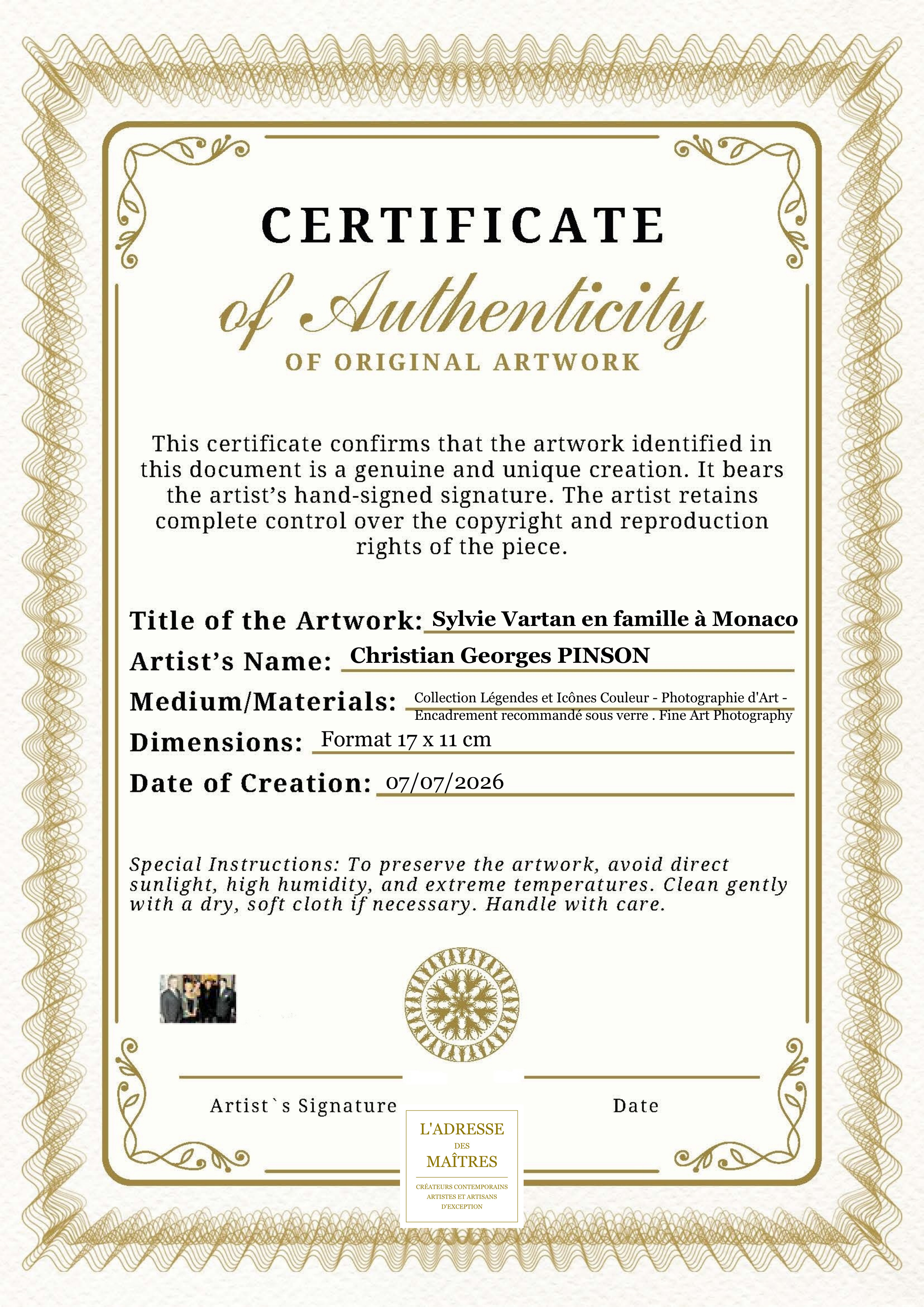 Certificat d'authenticité — Sylvie Vartan en famille à Monaco — Christian Georges PINSON