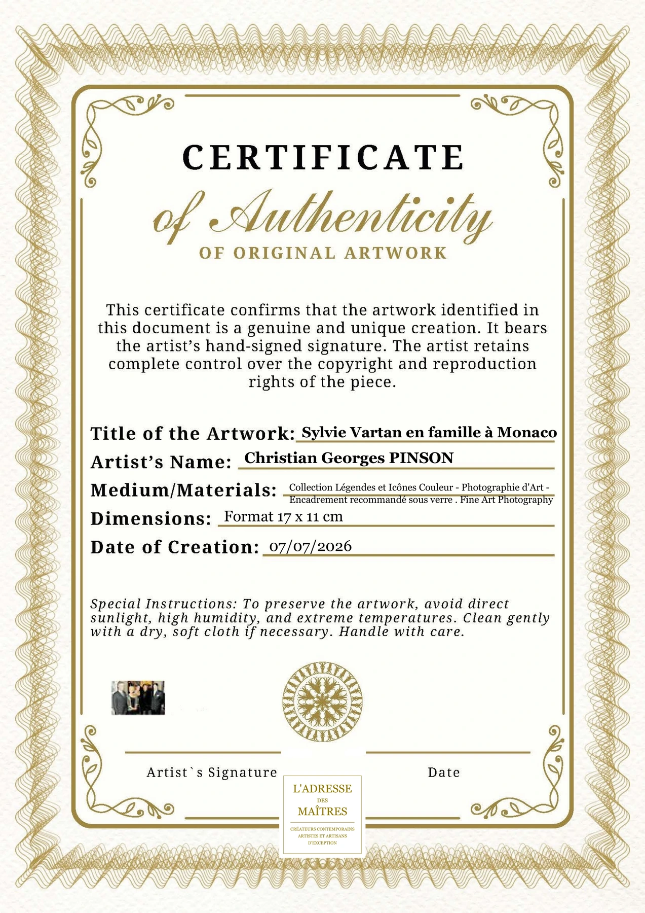 Certificat d'authenticité - Sylvie Vartan en famille à Monaco - Christian Georges PINSON