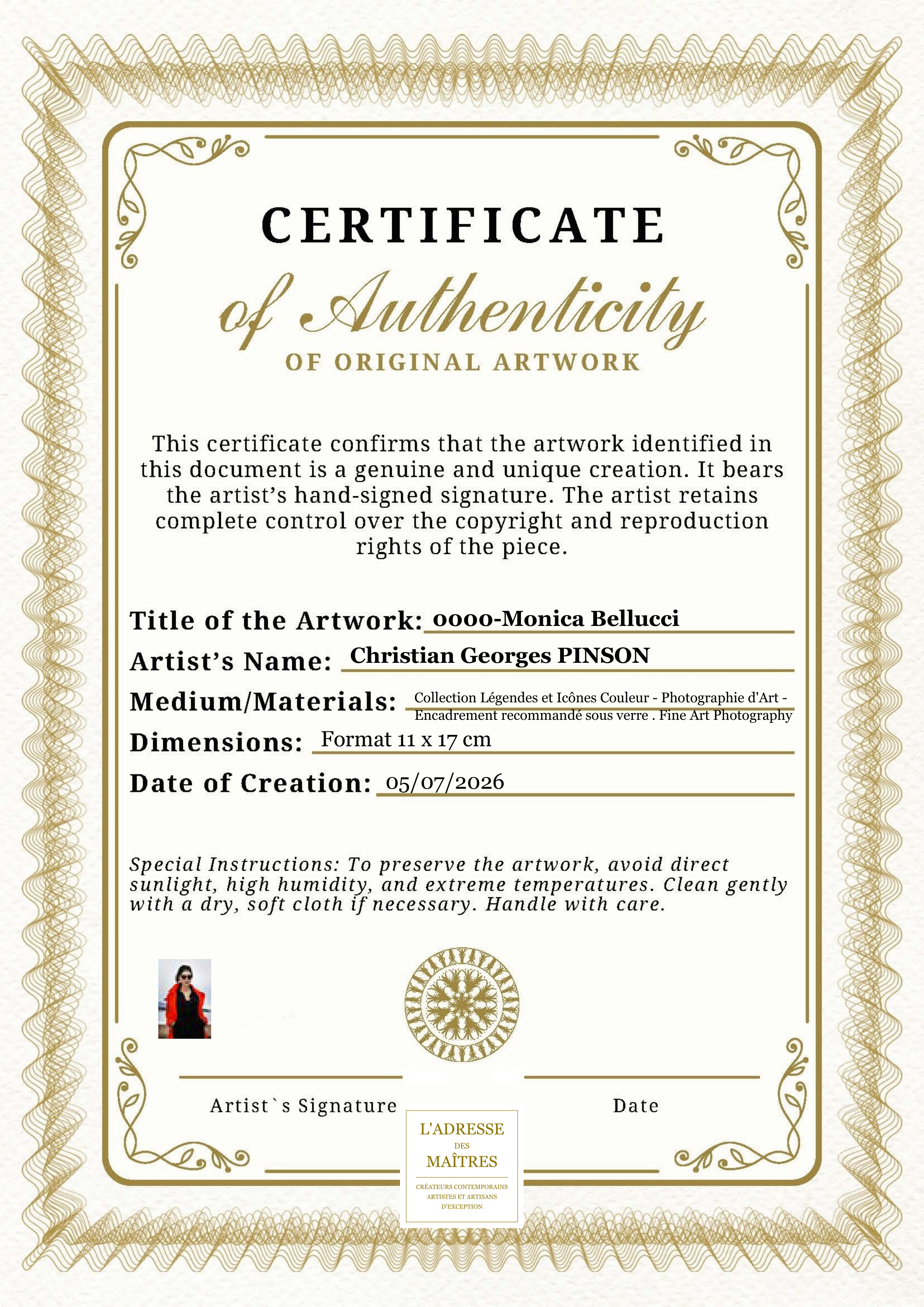 Certificat d'authenticité — 0000-Monica Bellucci — Christian Georges PINSON