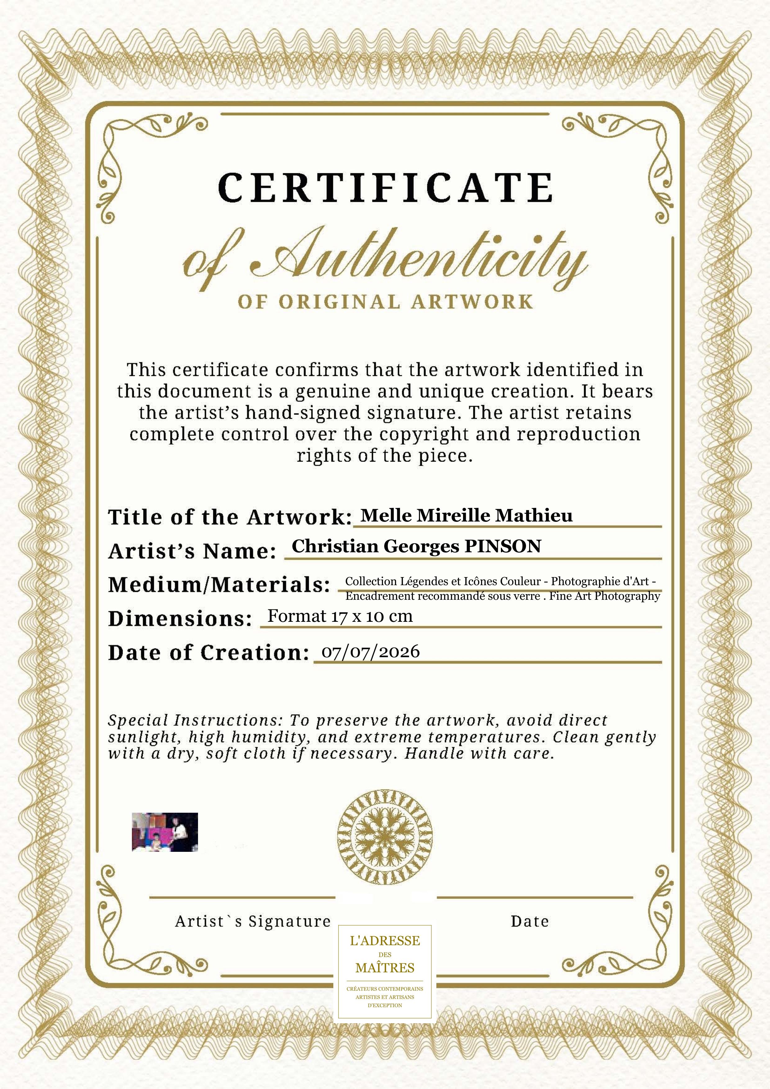 Certificat d'authenticité — Melle Mireille Mathieu — Christian Georges PINSON