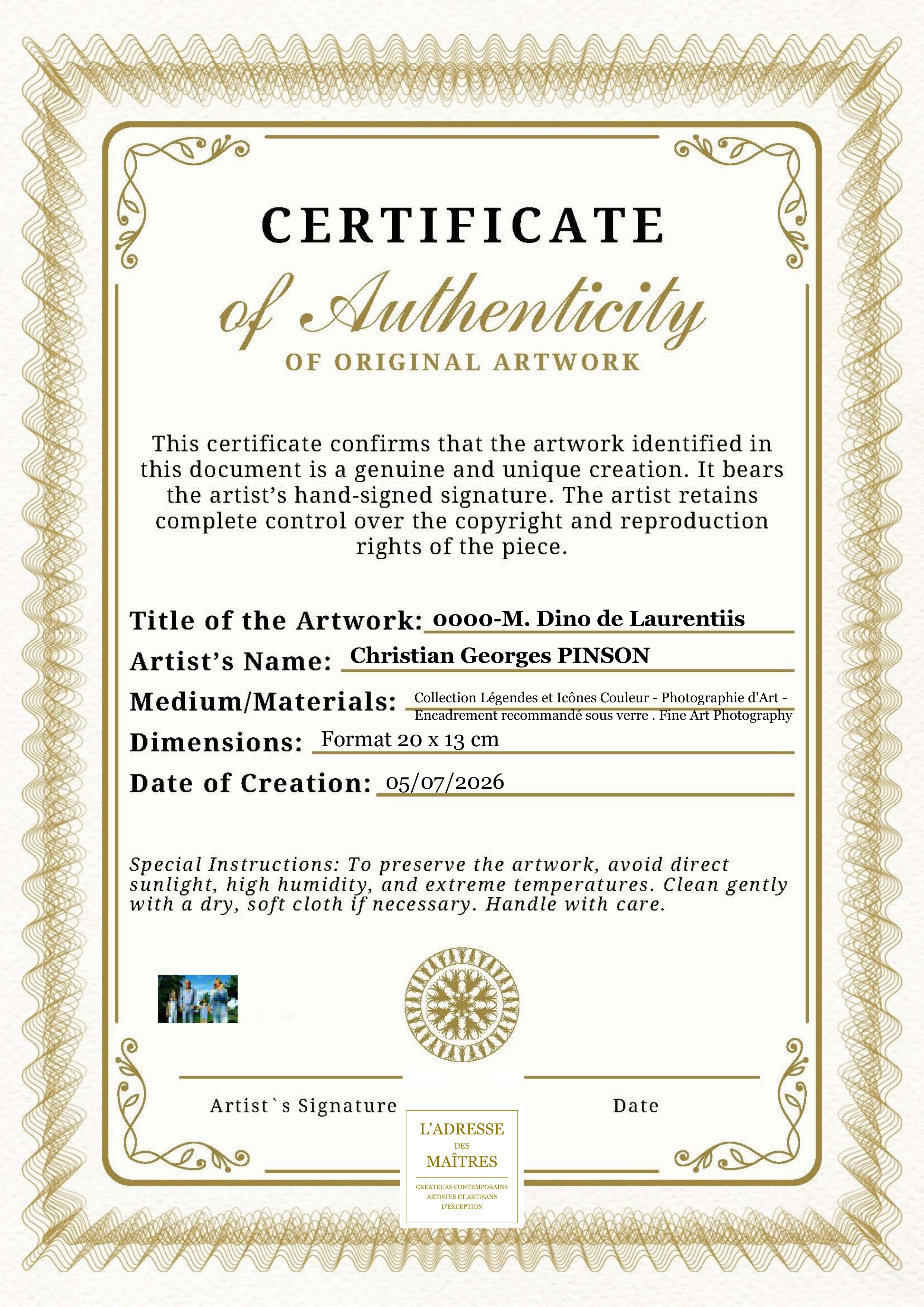 Certificat d'authenticité — 0000-M. Dino de Laurentiis — Christian Georges PINSON