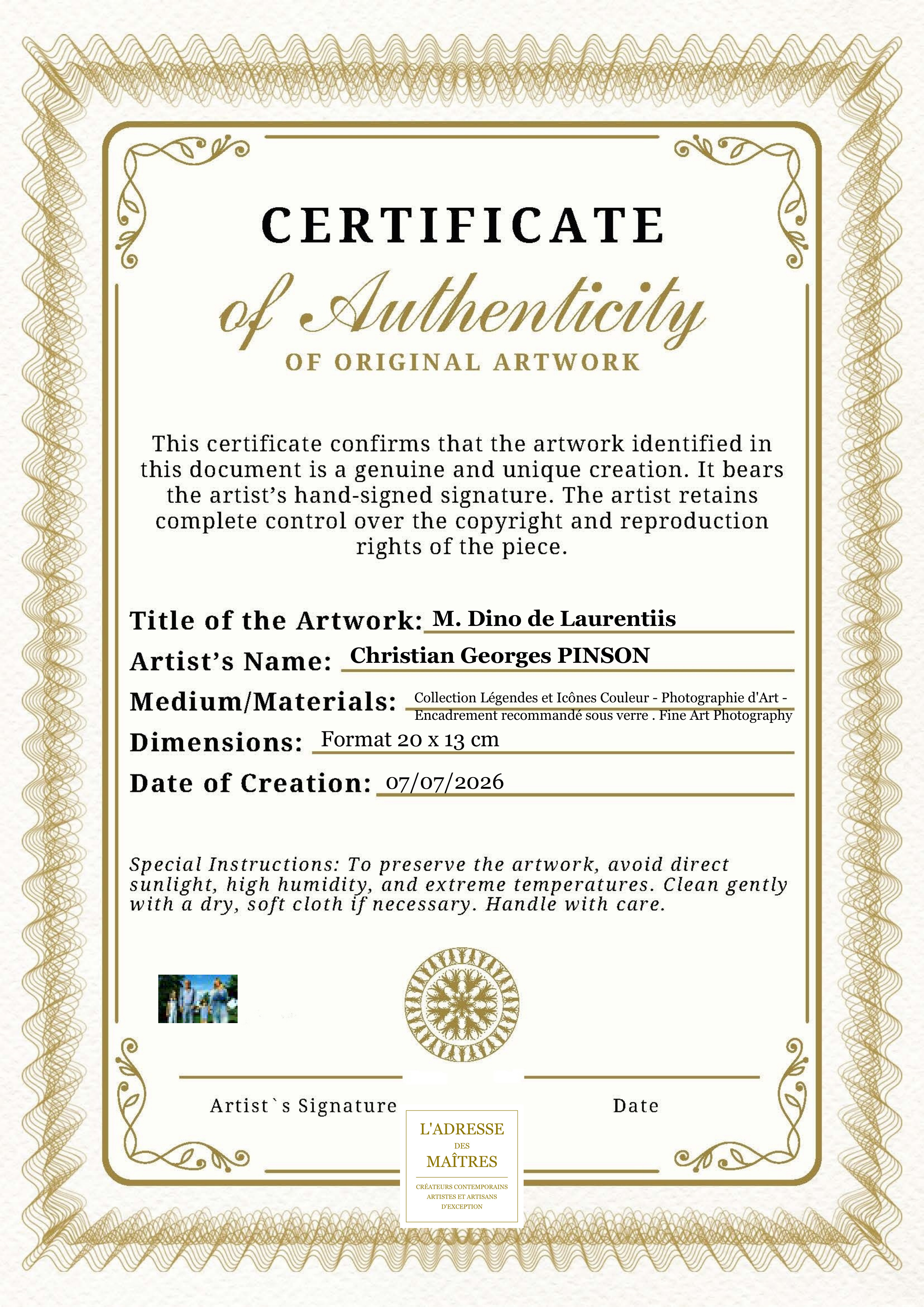 Certificat d'authenticité — M. Dino de Laurentiis — Christian Georges PINSON