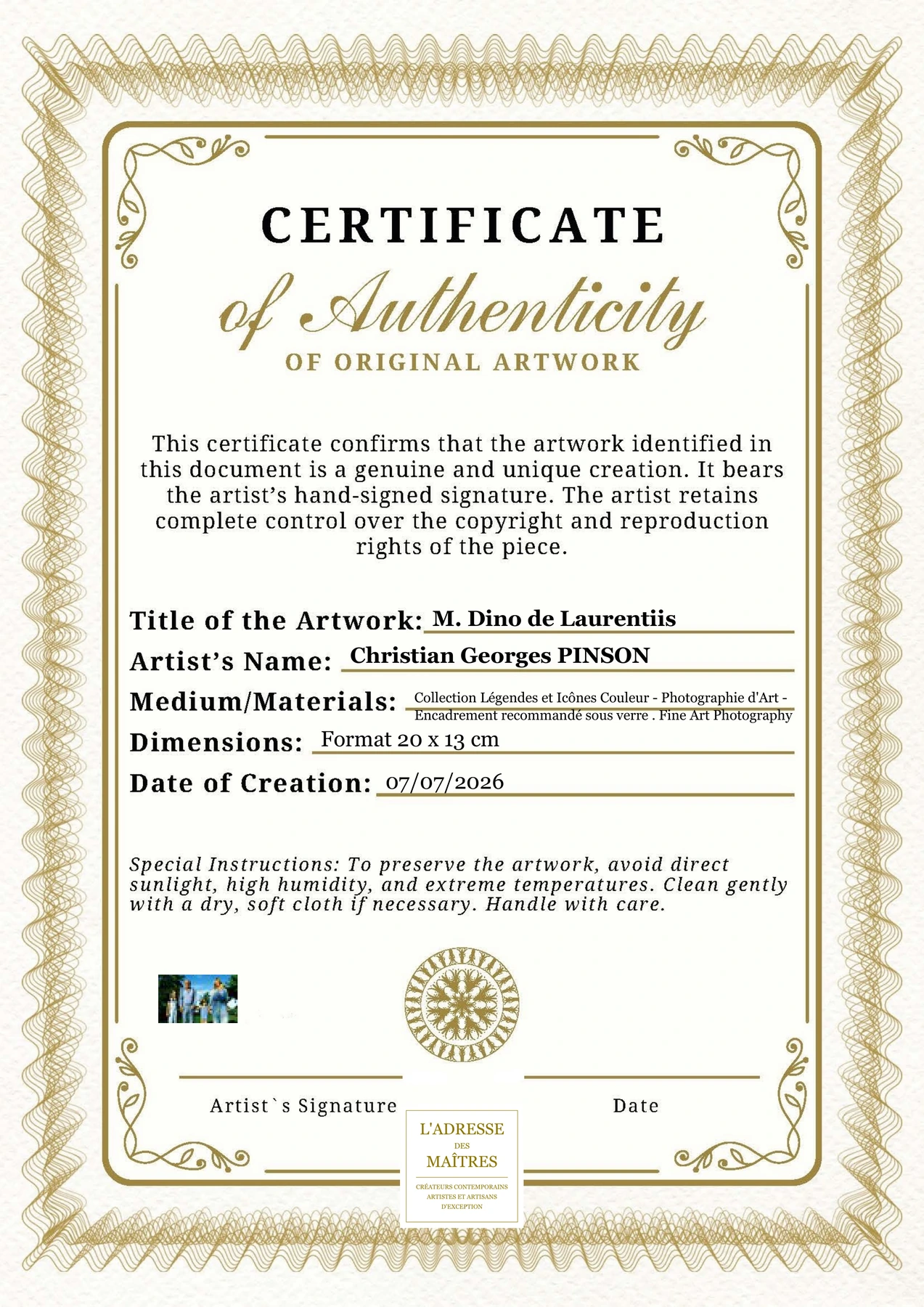 Certificat d'authenticité - M. Dino de Laurentiis - Christian Georges PINSON
