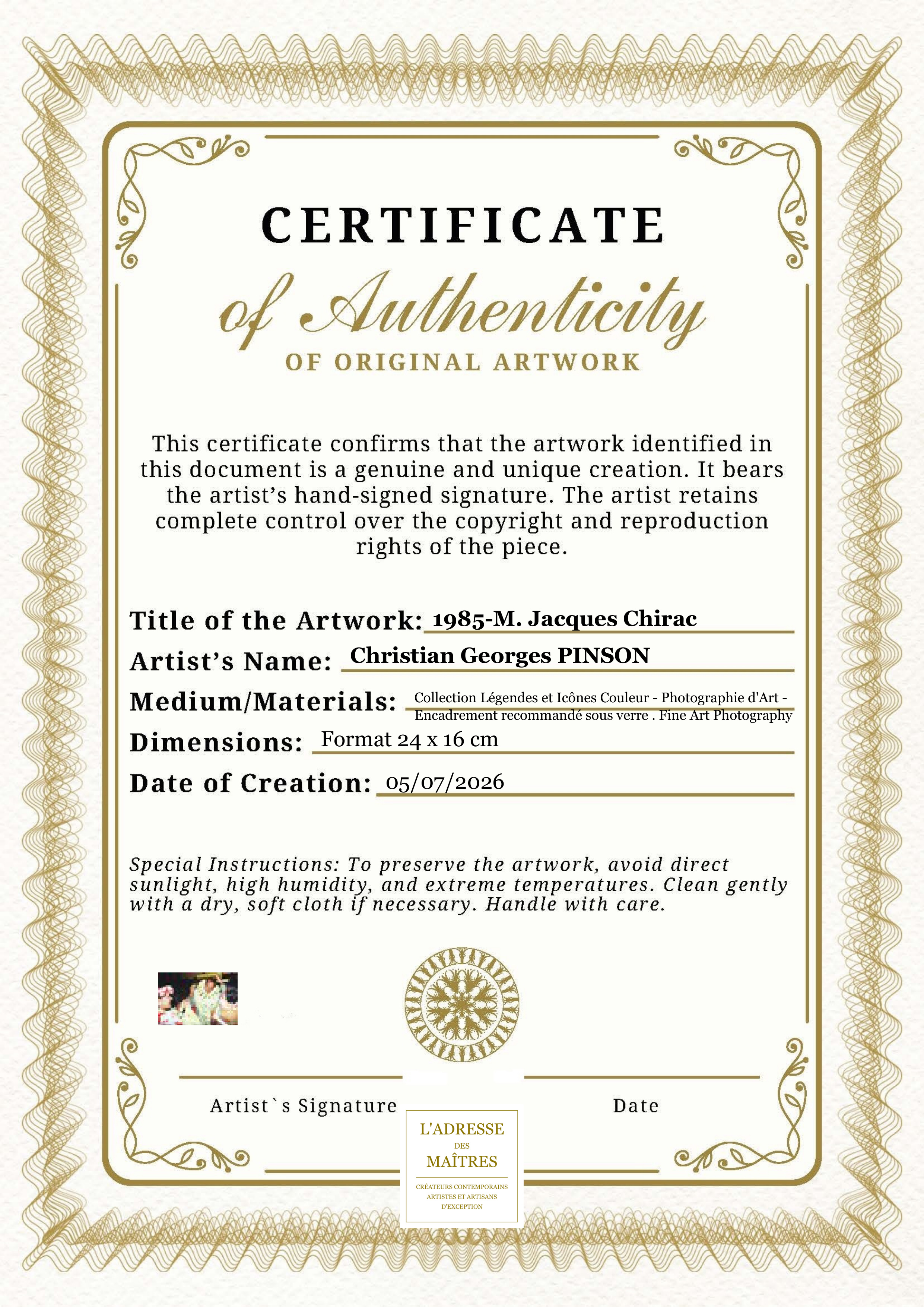 Certificat d'authenticité — 1985-M. Jacques Chirac — Christian Georges PINSON