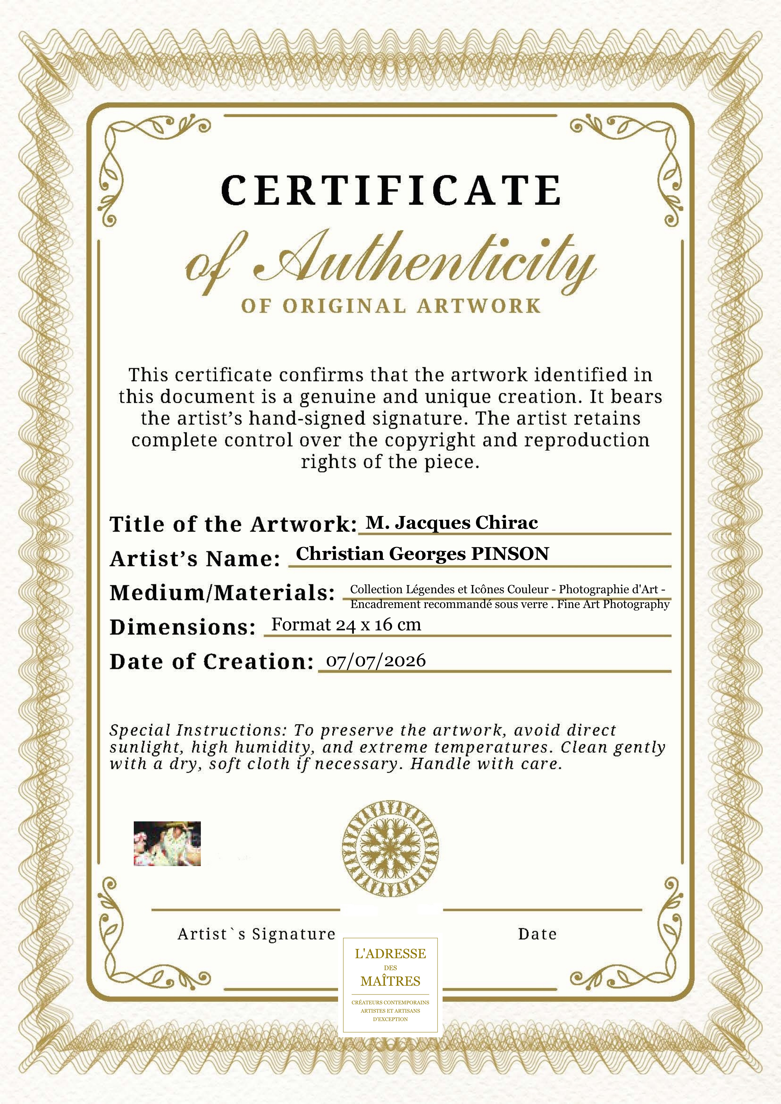 Certificat d'authenticité — M. Jacques Chirac — Christian Georges PINSON