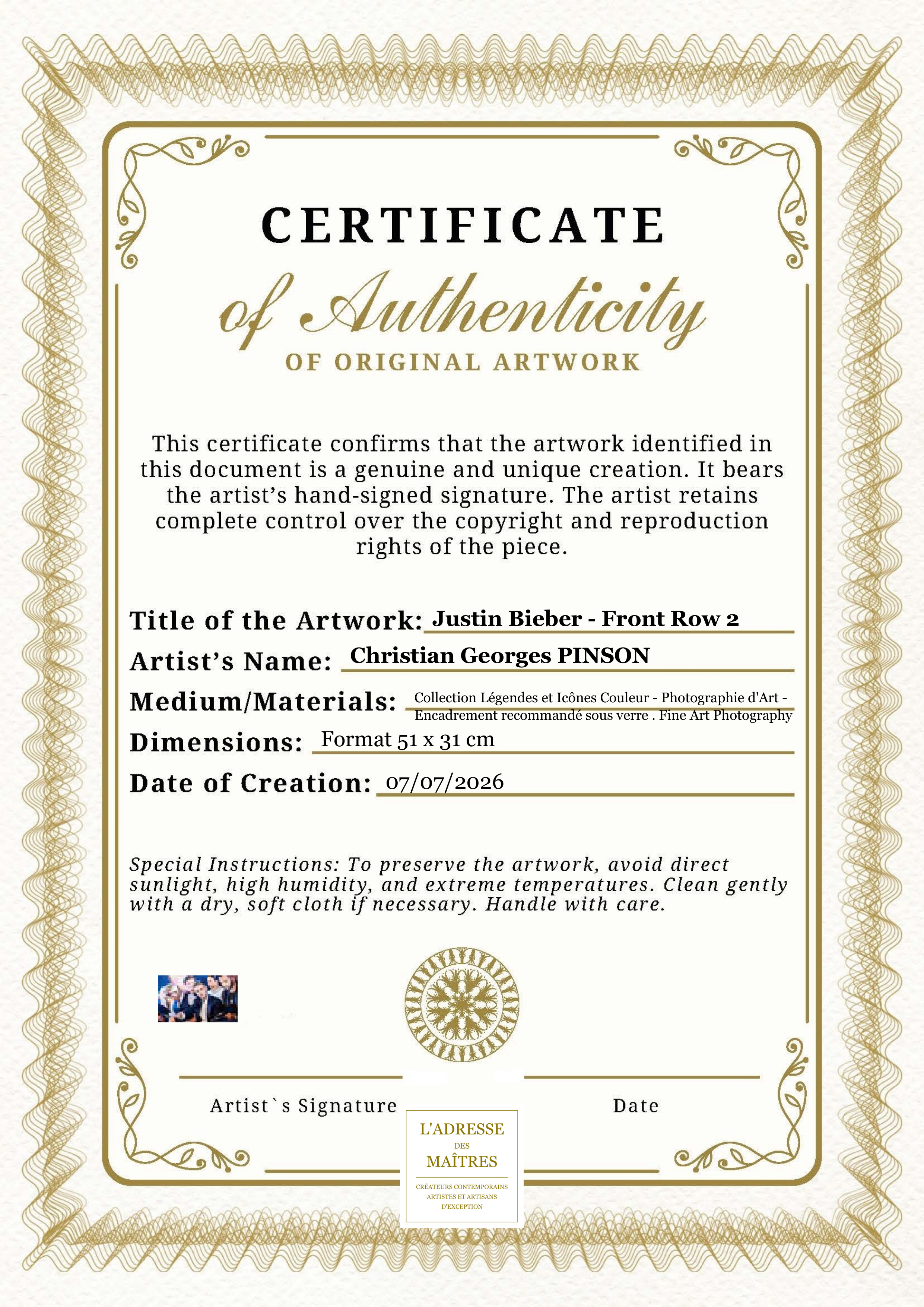 Certificat d'authenticité — Justin Bieber - Front Row 2 — Christian Georges PINSON
