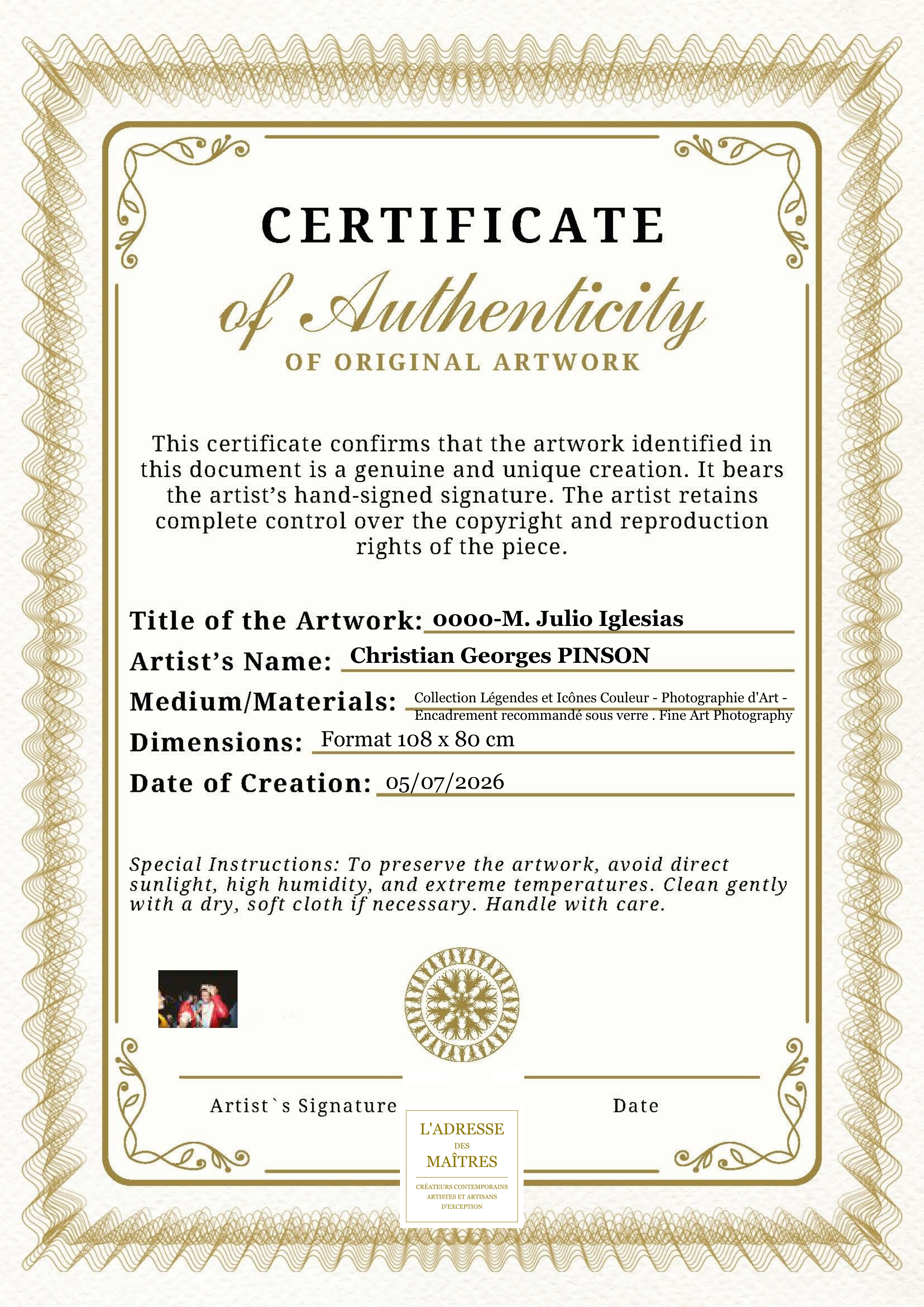 Certificat d'authenticité — 0000-M. Julio Iglesias — Christian Georges PINSON