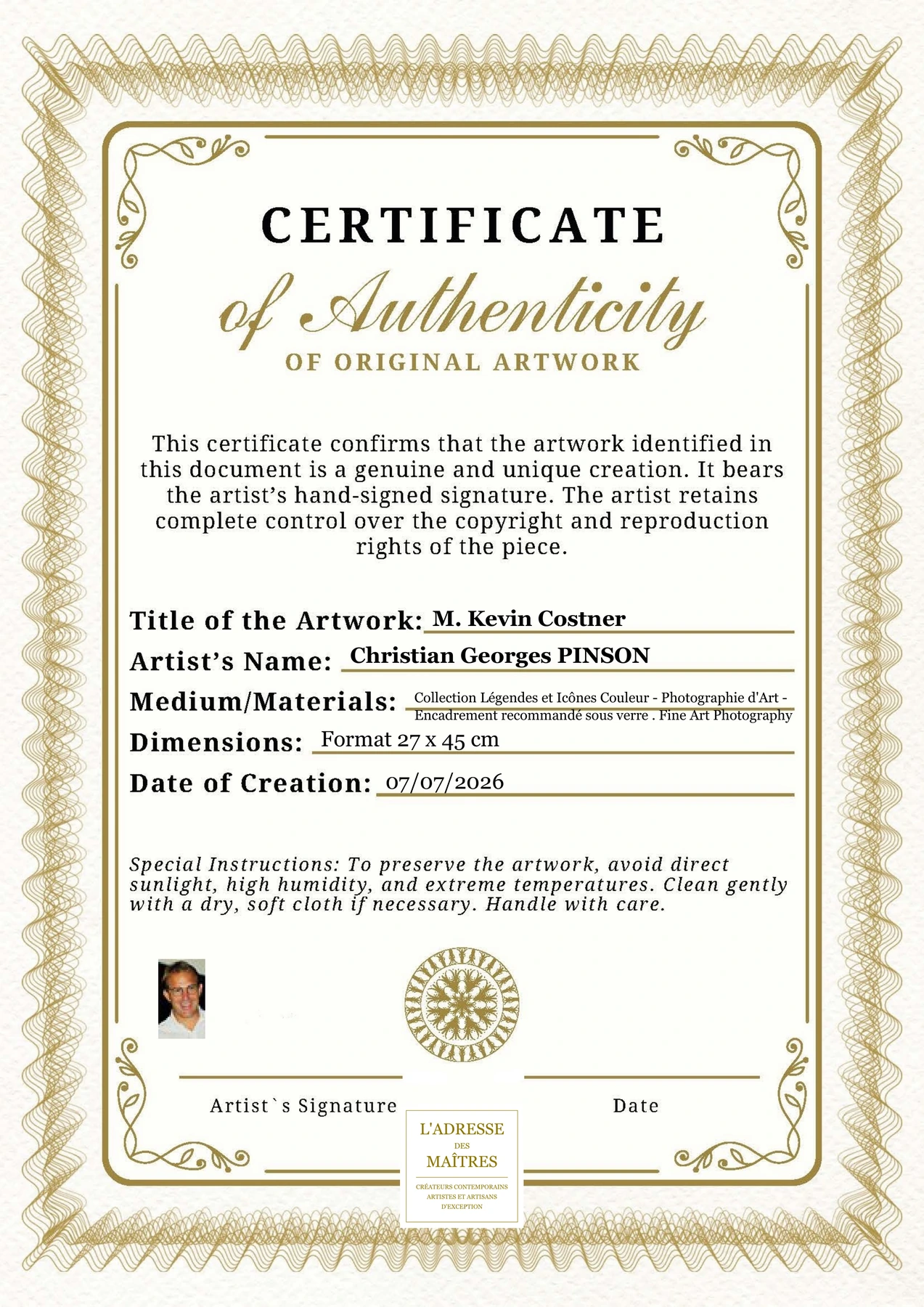 Certificat d'authenticité - M. Kevin Costner - Christian Georges PINSON