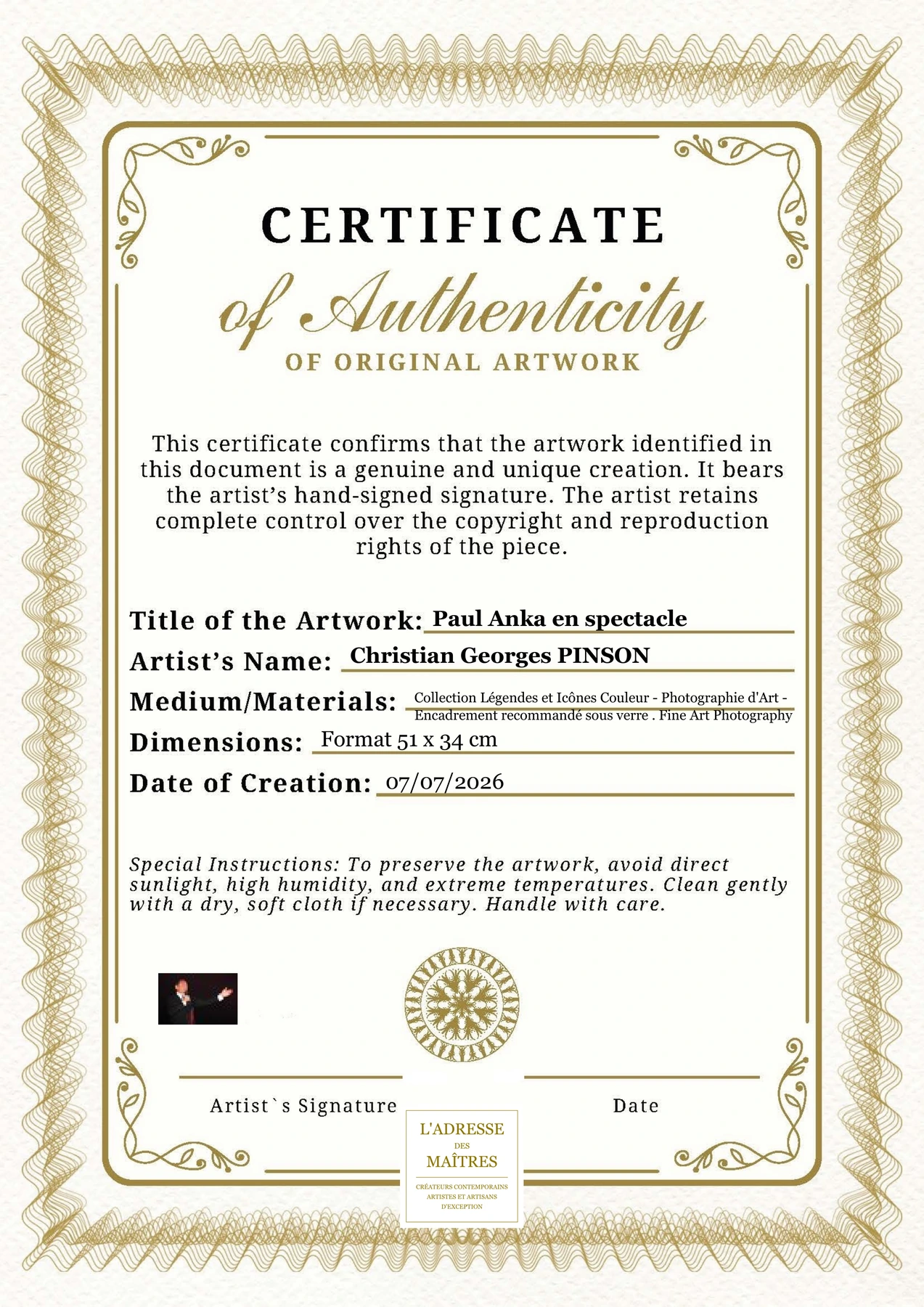 Certificat d'authenticité - Paul Anka en spectacle - Christian Georges PINSON
