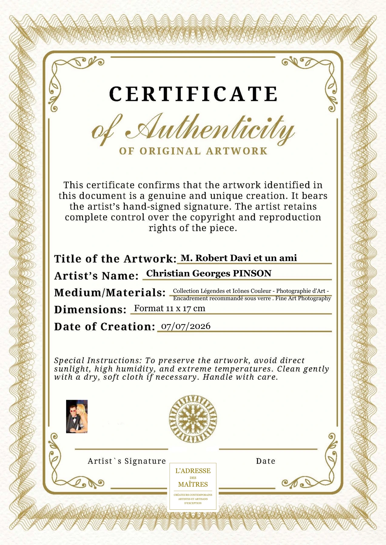 Certificat d'authenticité - M. Robert Davi et un ami - Christian Georges PINSON