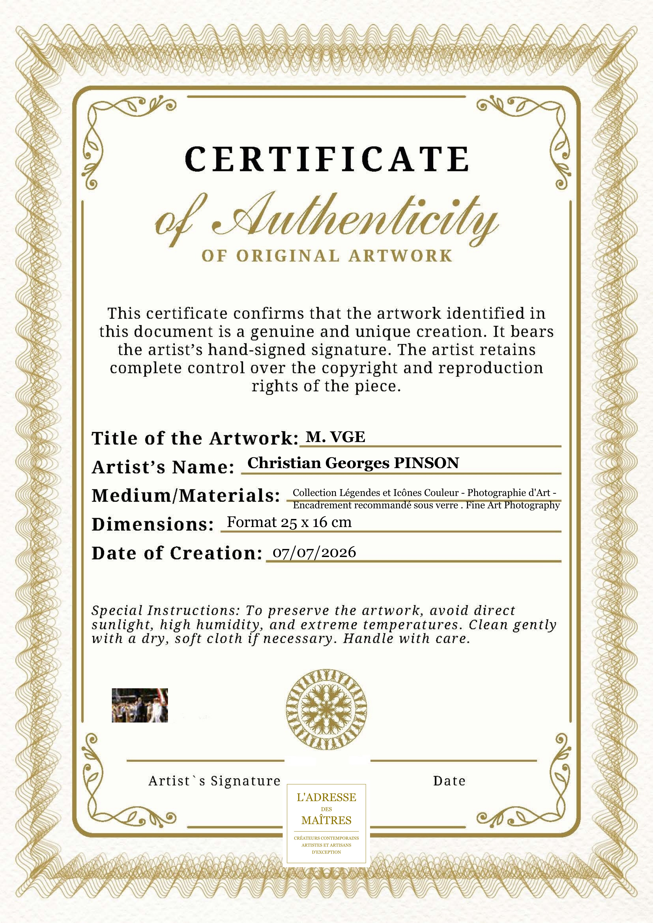 Certificat d'authenticité — M. VGE — Christian Georges PINSON