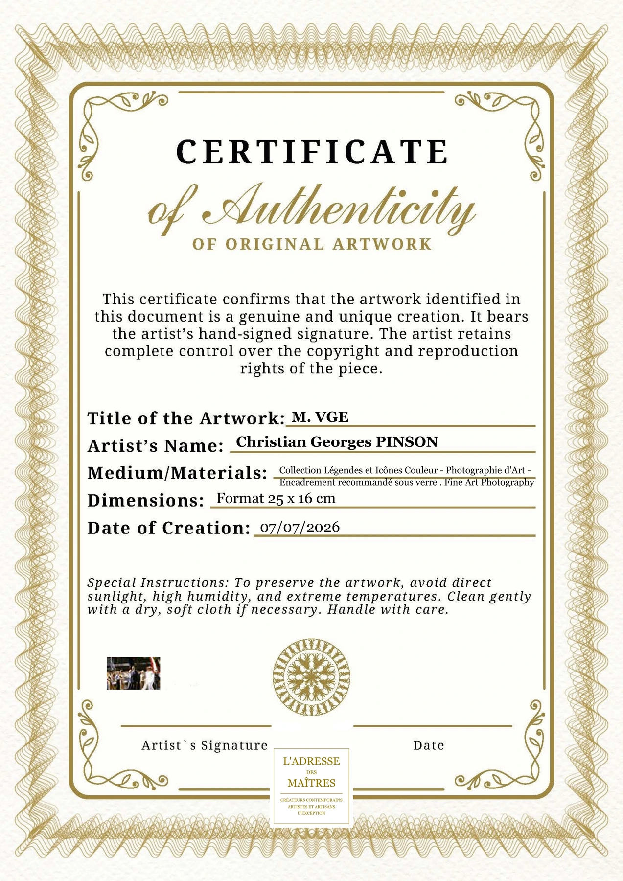 Certificat d'authenticité - M. VGE - Christian Georges PINSON