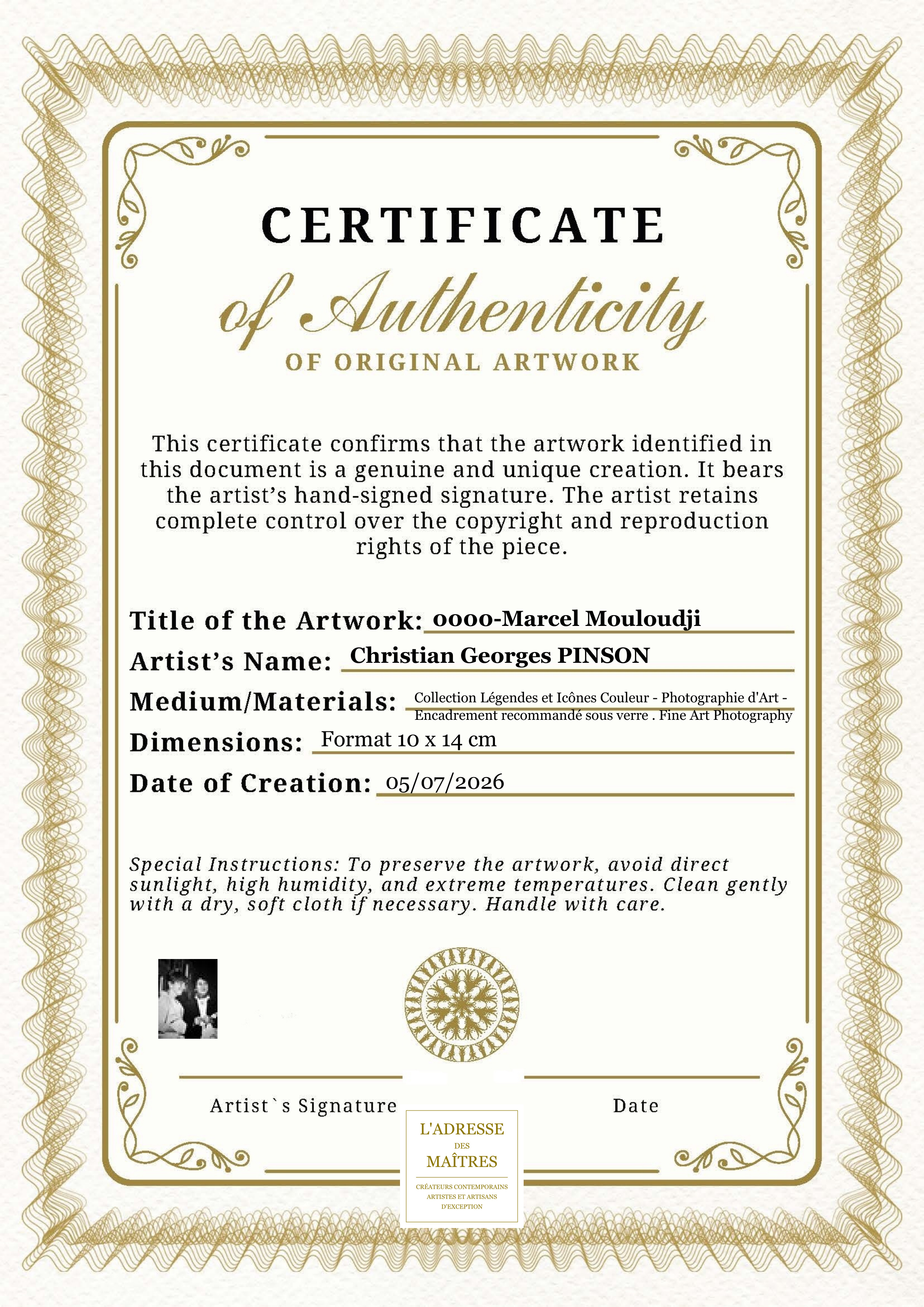 Certificat d'authenticité — 0000-Marcel Mouloudji — Christian Georges PINSON
