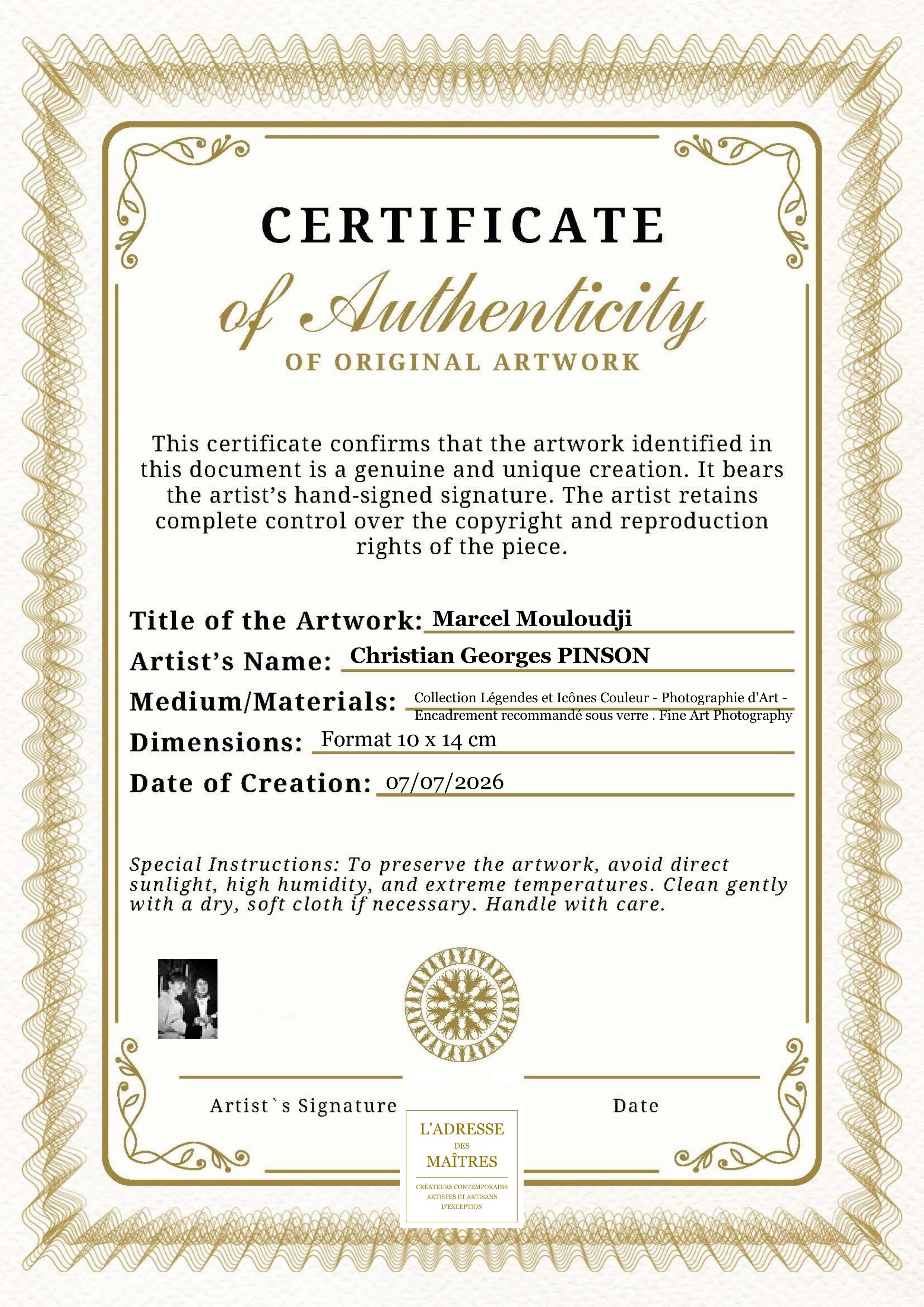 Certificat d'authenticité — Marcel Mouloudji — Christian Georges PINSON