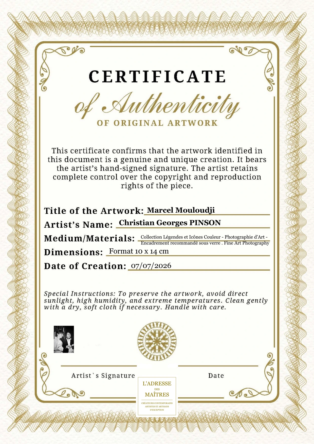 Certificat d'authenticité - Marcel Mouloudji - Christian Georges PINSON