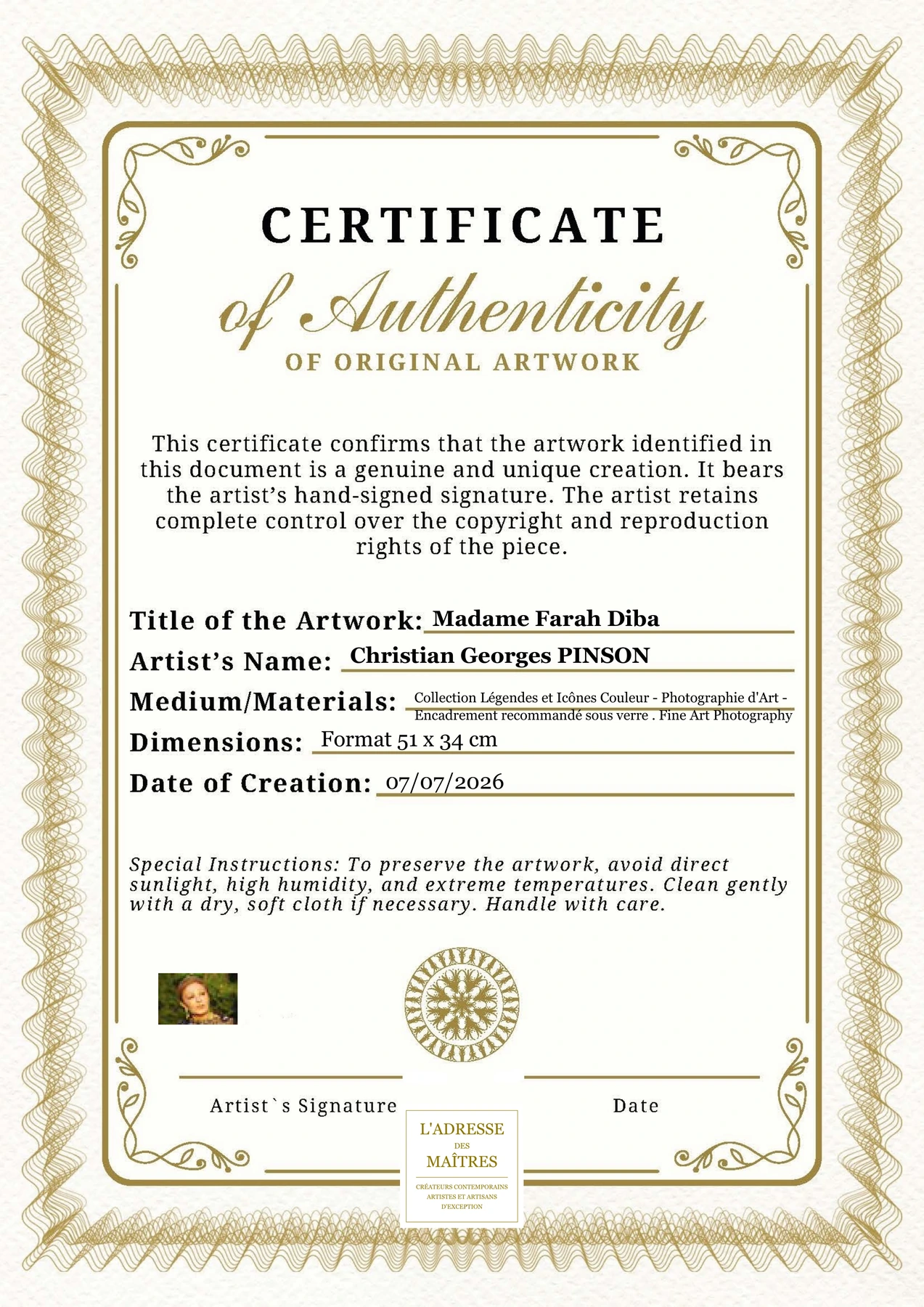 Certificat d'authenticité - Madame Farah Diba - Christian Georges PINSON