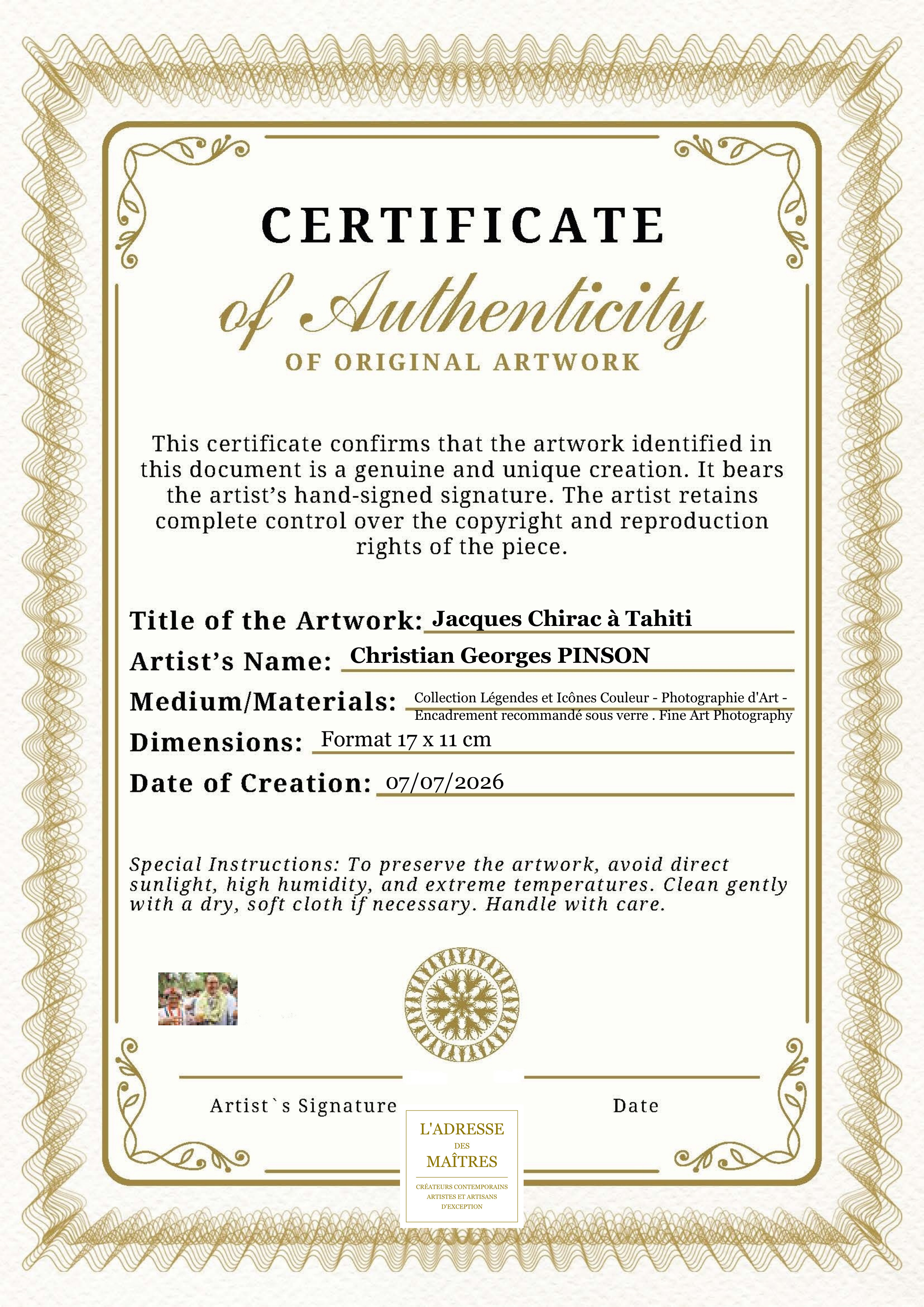 Certificat d'authenticité — Jacques Chirac à Tahiti — Christian Georges PINSON