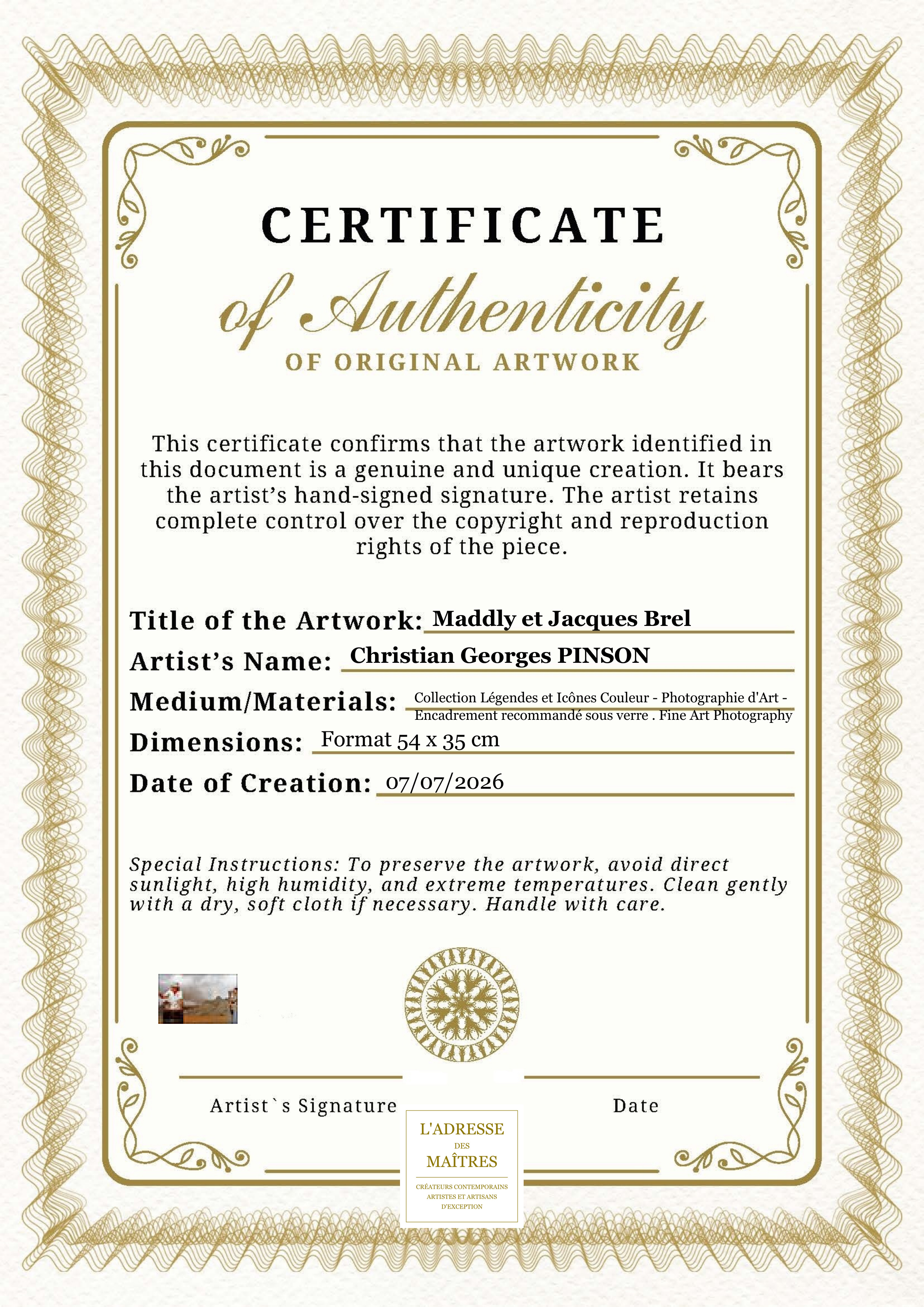 Certificat d'authenticité — Maddly et Jacques Brel — Christian Georges PINSON