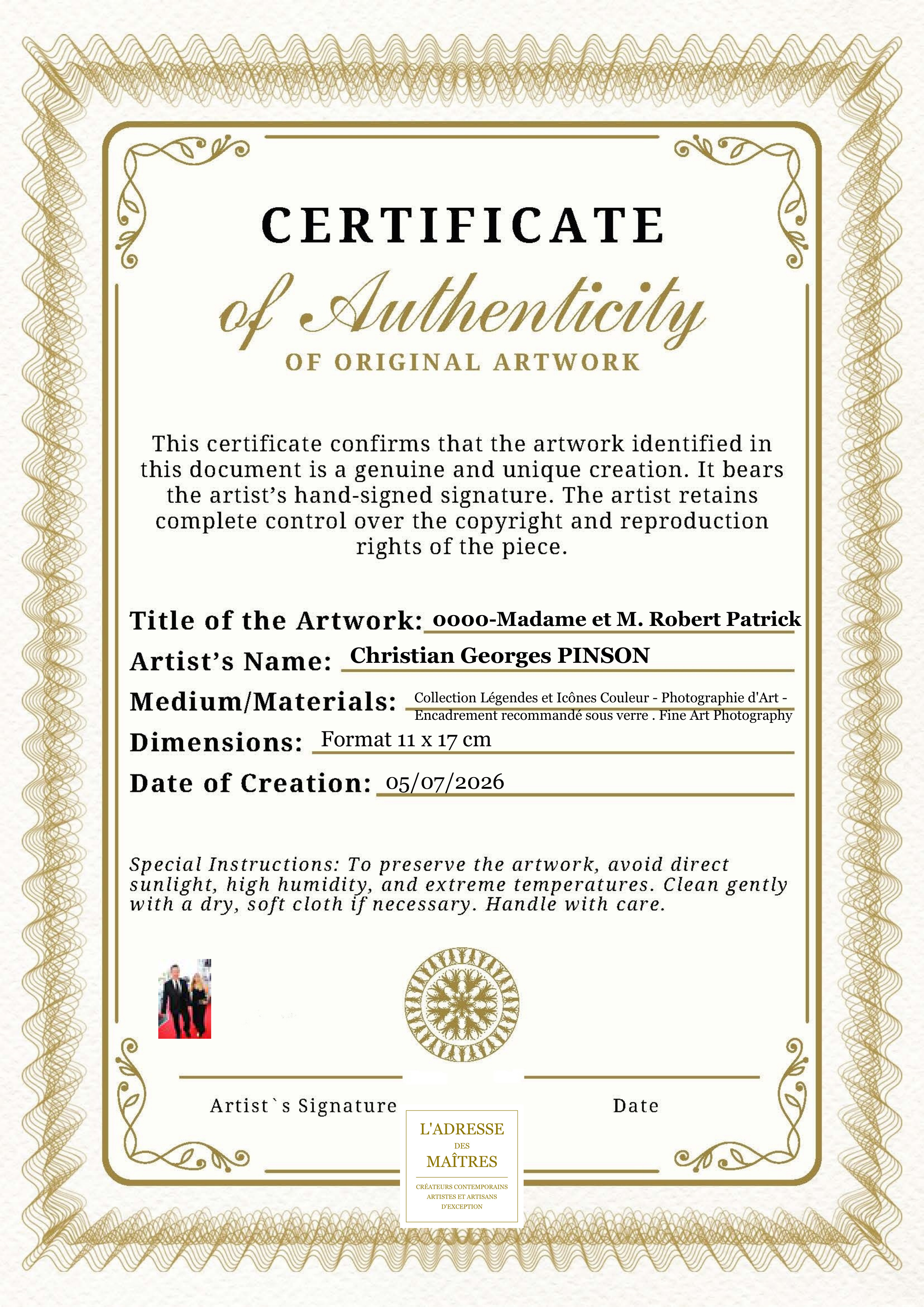 Certificat d'authenticité — 0000-Madame et M. Robert Patrick — Christian Georges PINSON