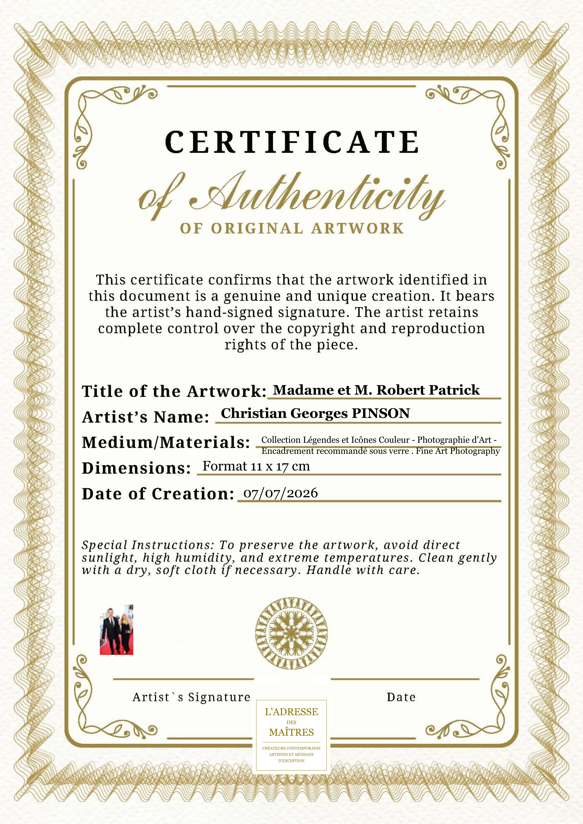 Certificat d'authenticité — Madame et M. Robert Patrick — Christian Georges PINSON