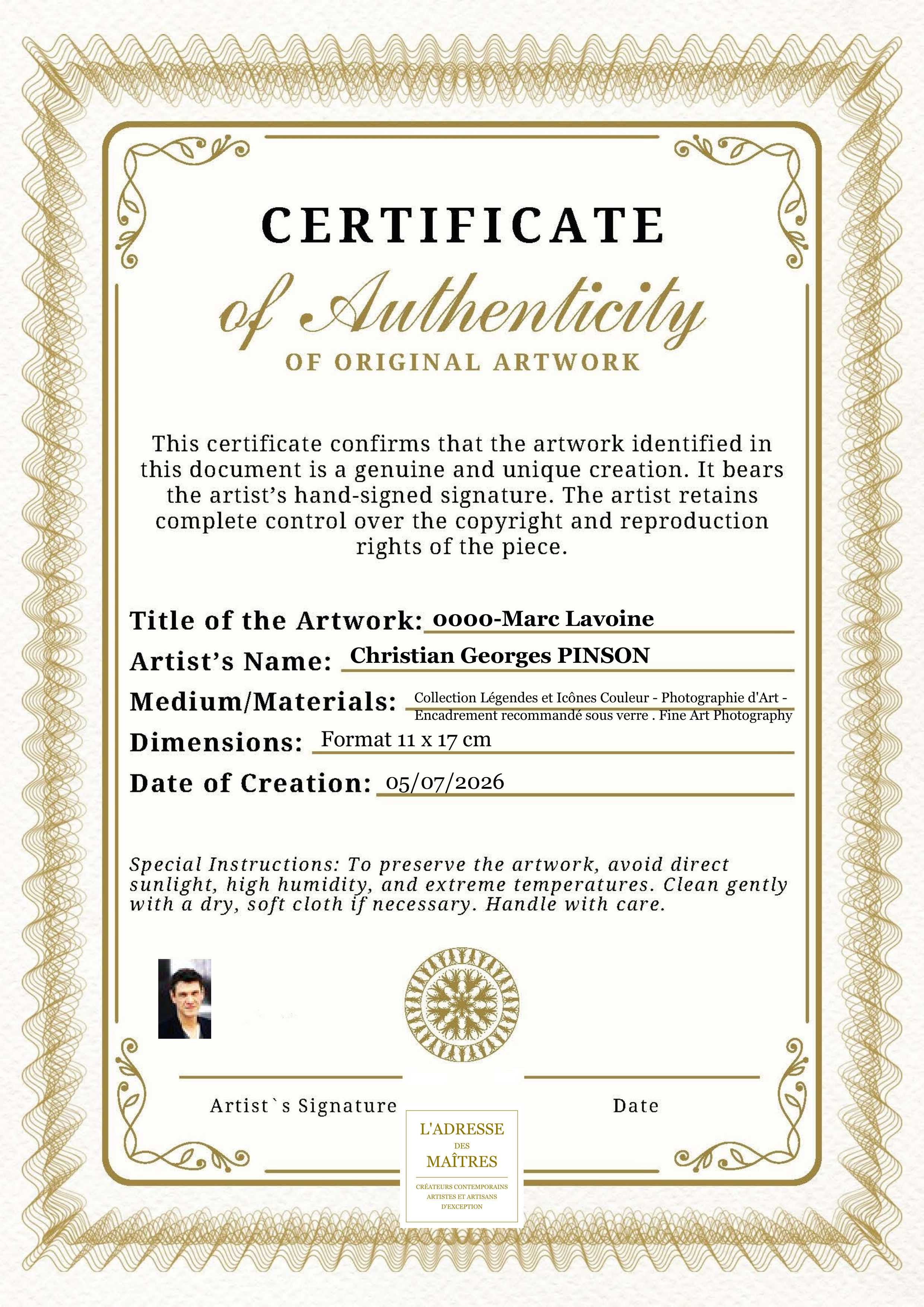 Certificat d'authenticité — 0000-Marc Lavoine — Christian Georges PINSON