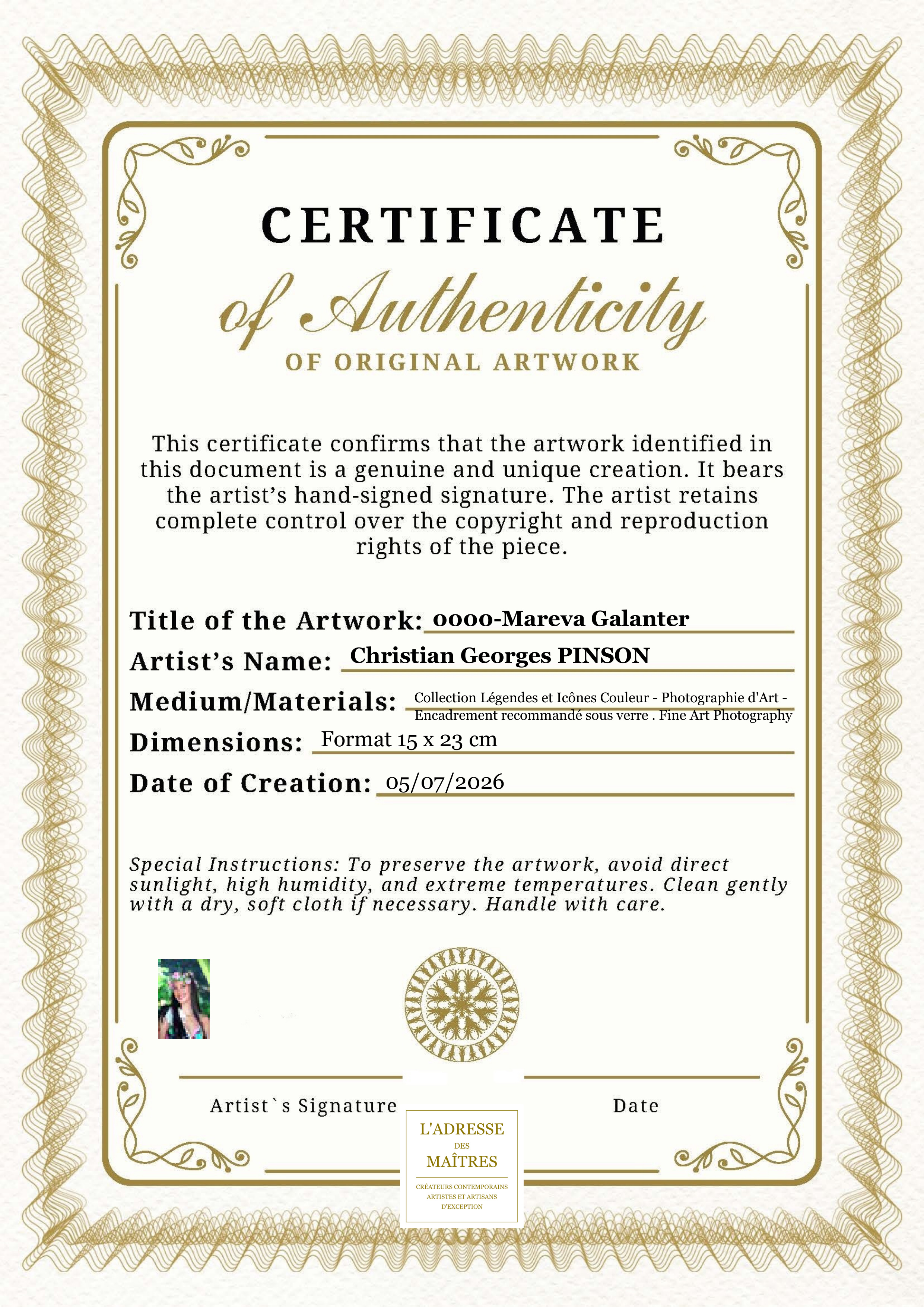 Certificat d'authenticité — 0000-Mareva Galanter — Christian Georges PINSON