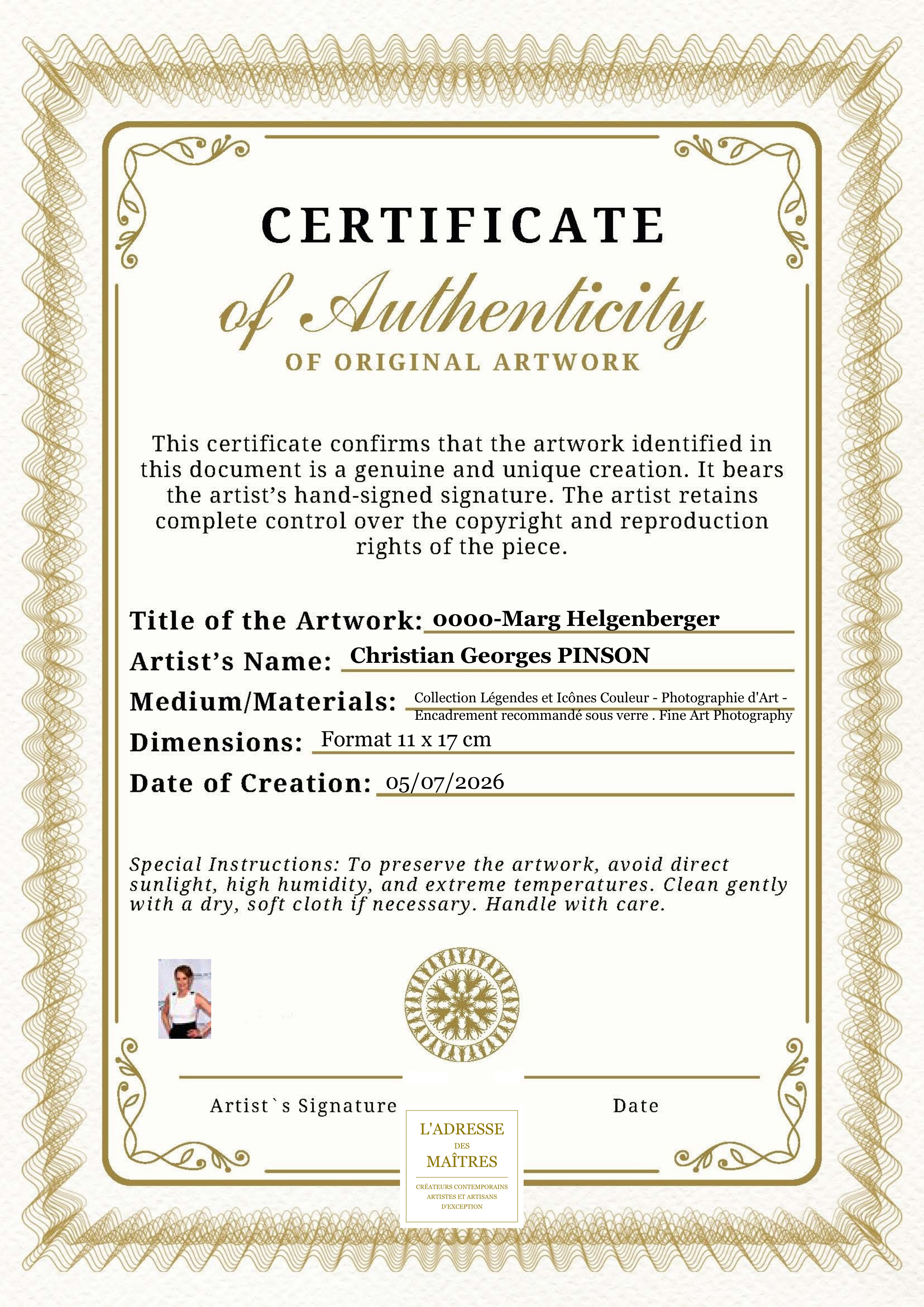 Certificat d'authenticité — 0000-Marg Helgenberger — Christian Georges PINSON