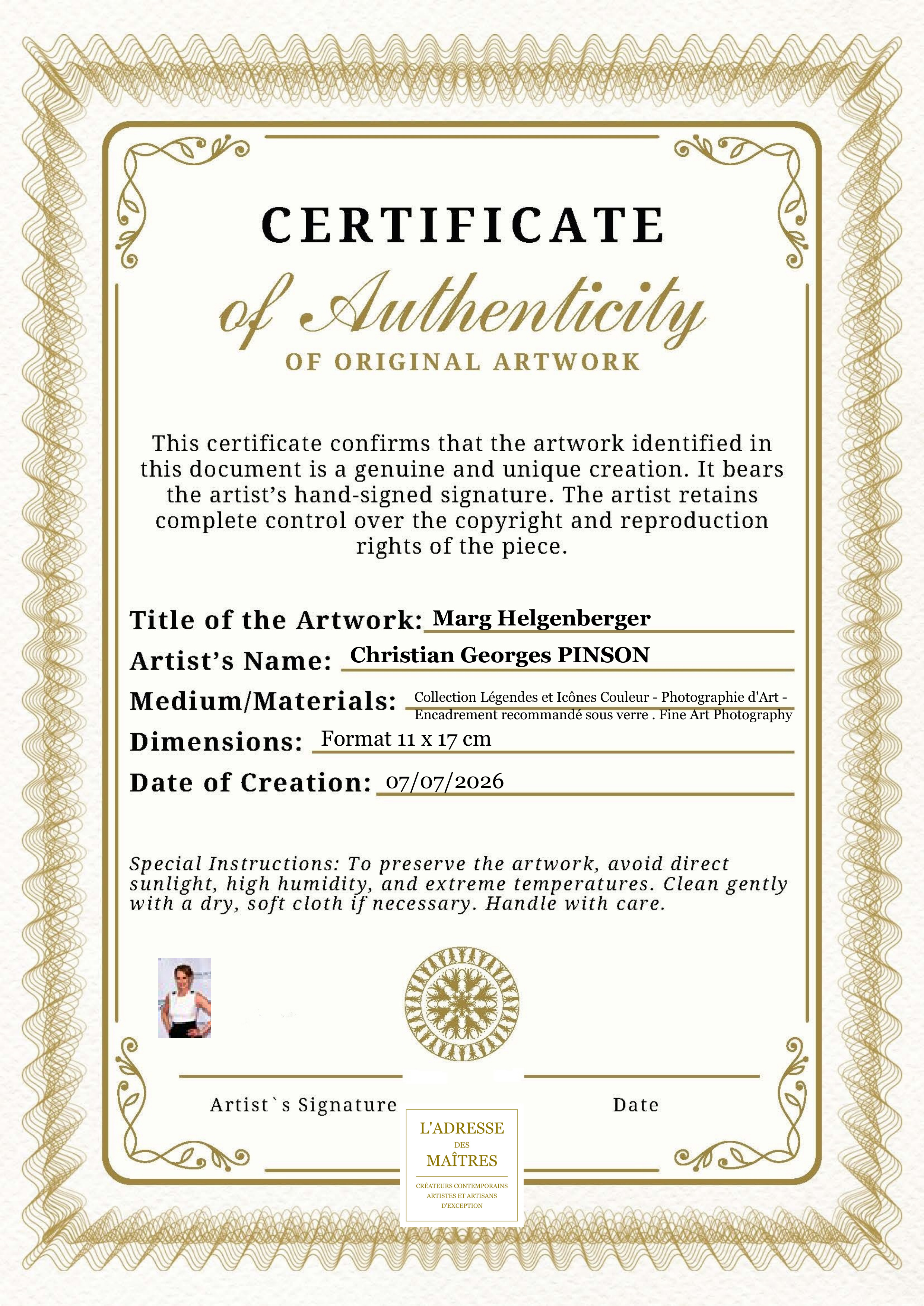 Certificat d'authenticité — Marg Helgenberger — Christian Georges PINSON
