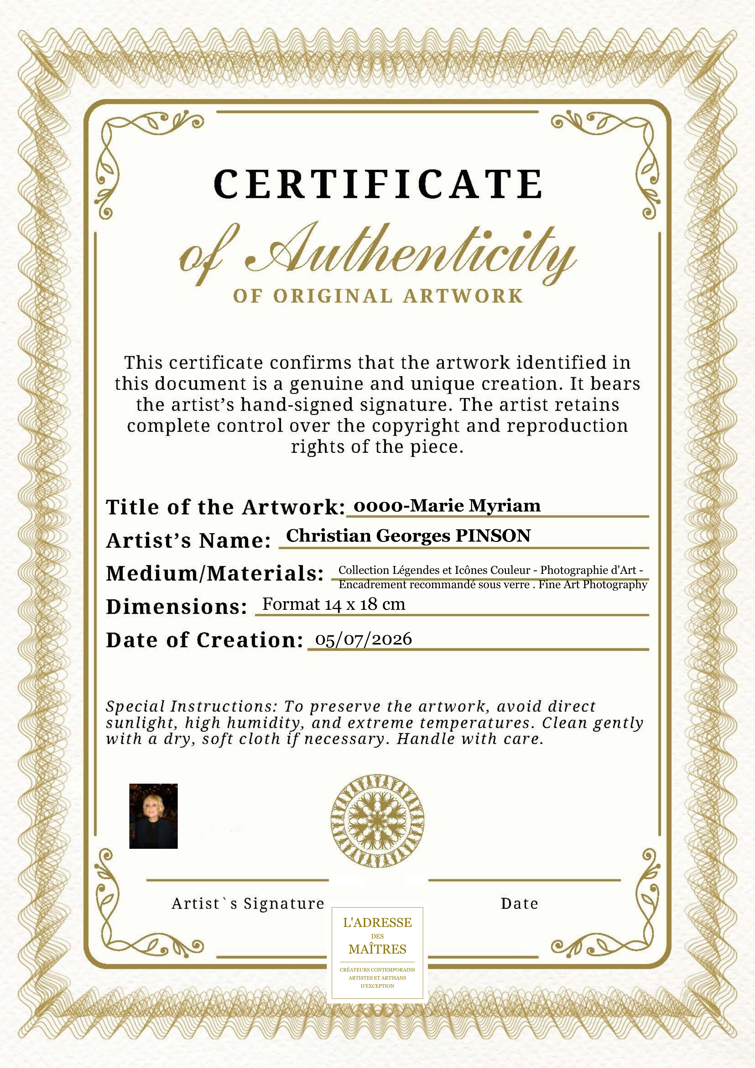 Certificat d'authenticité — 0000-Marie Myriam — Christian Georges PINSON