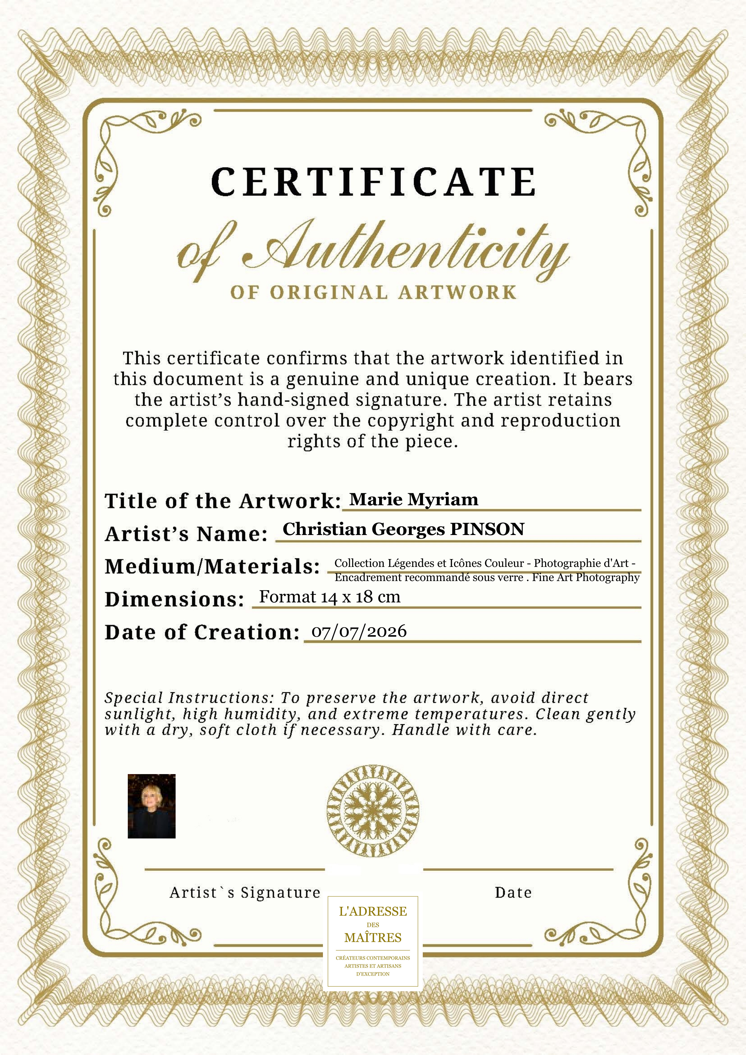 Certificat d'authenticité — Marie Myriam — Christian Georges PINSON
