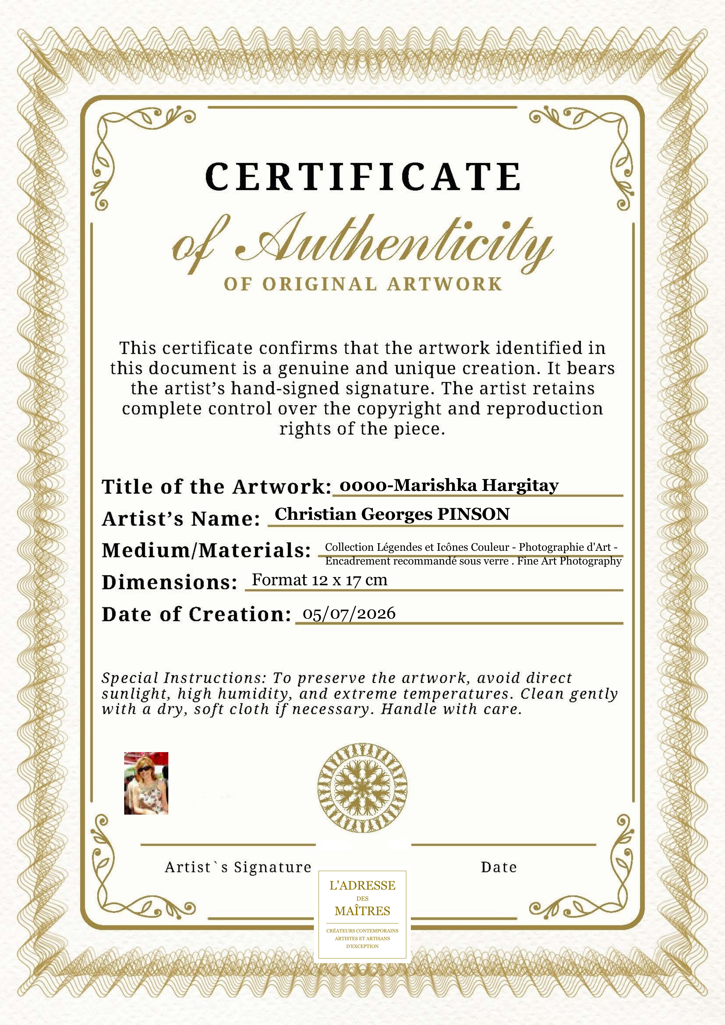 Certificat d'authenticité — 0000-Marishka Hargitay — Christian Georges PINSON