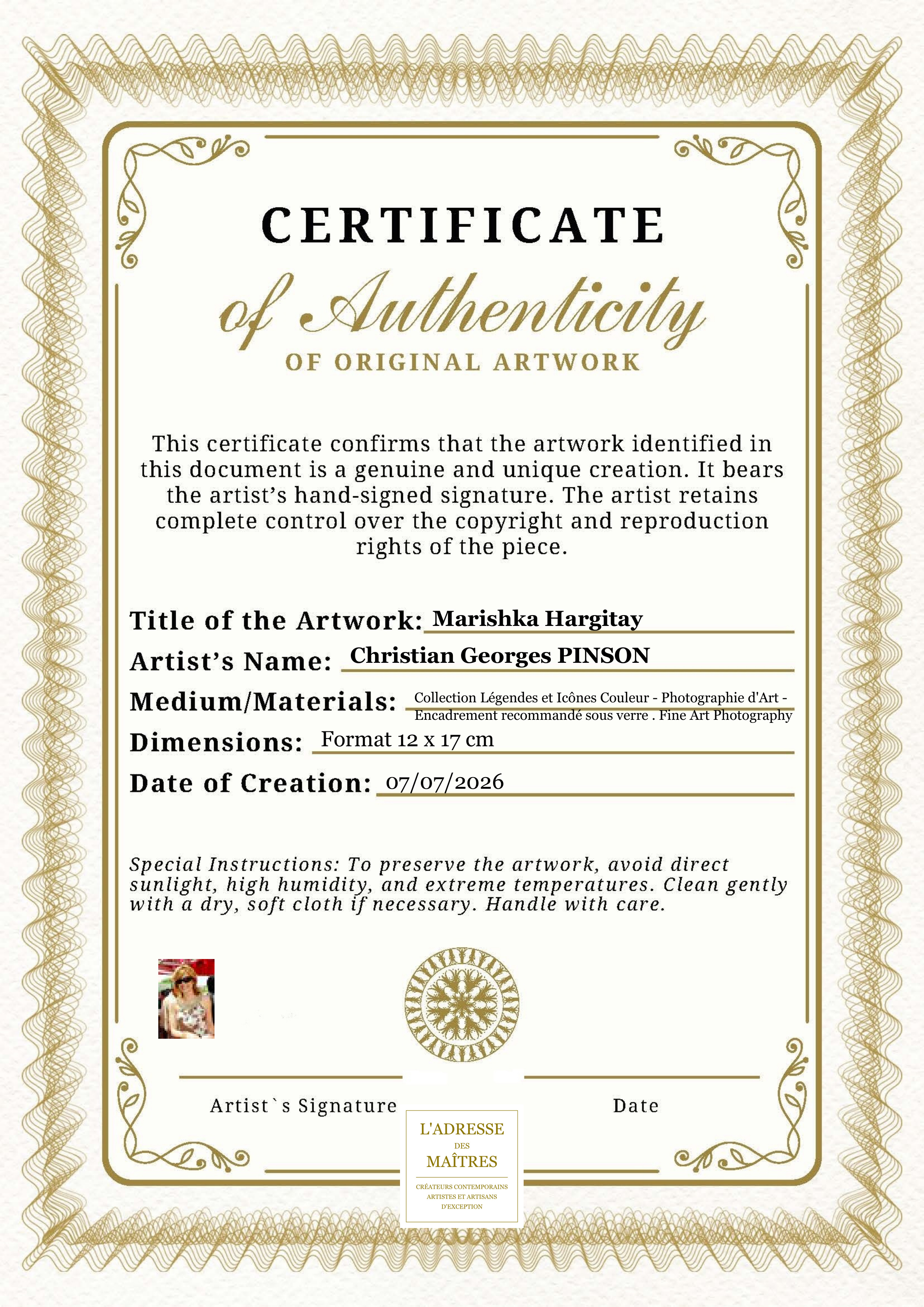 Certificat d'authenticité — Marishka Hargitay — Christian Georges PINSON