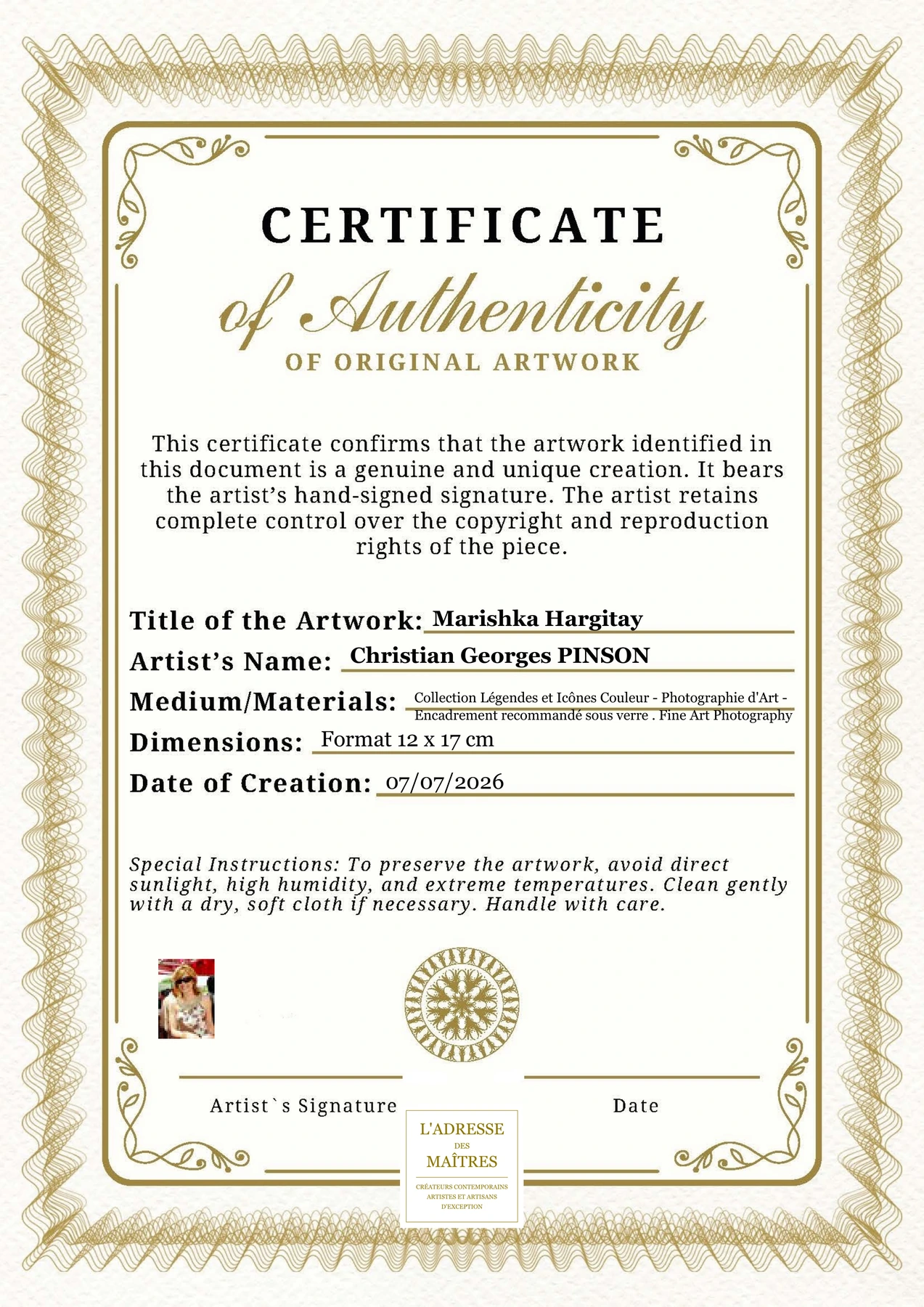Certificat d'authenticité - Marishka Hargitay - Christian Georges PINSON