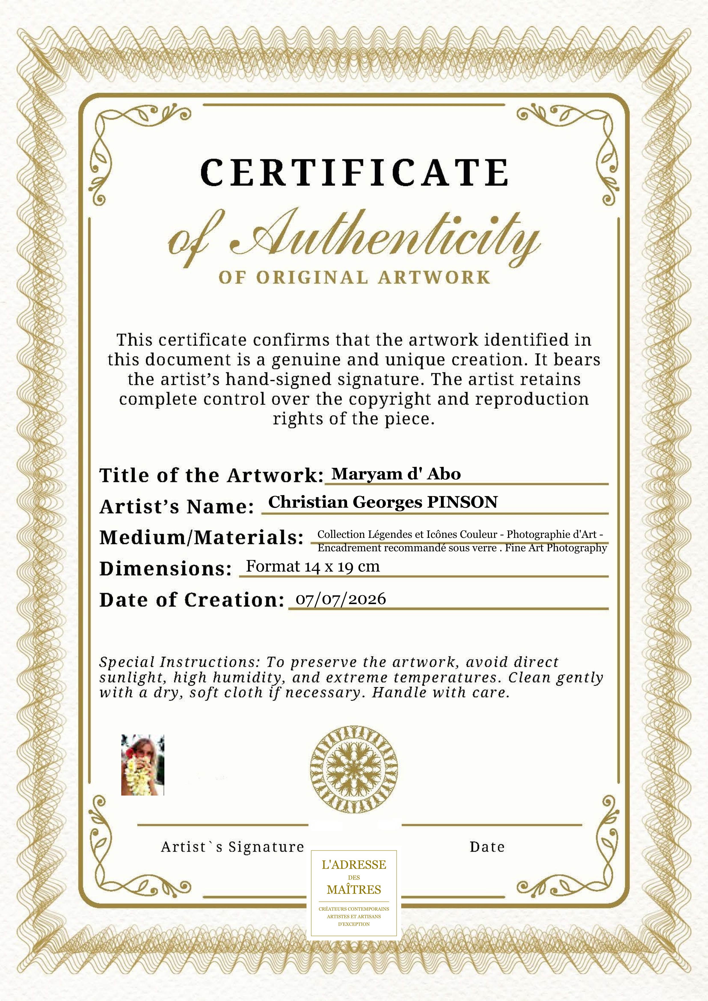 Certificat d'authenticité — Maryam d' Abo — Christian Georges PINSON