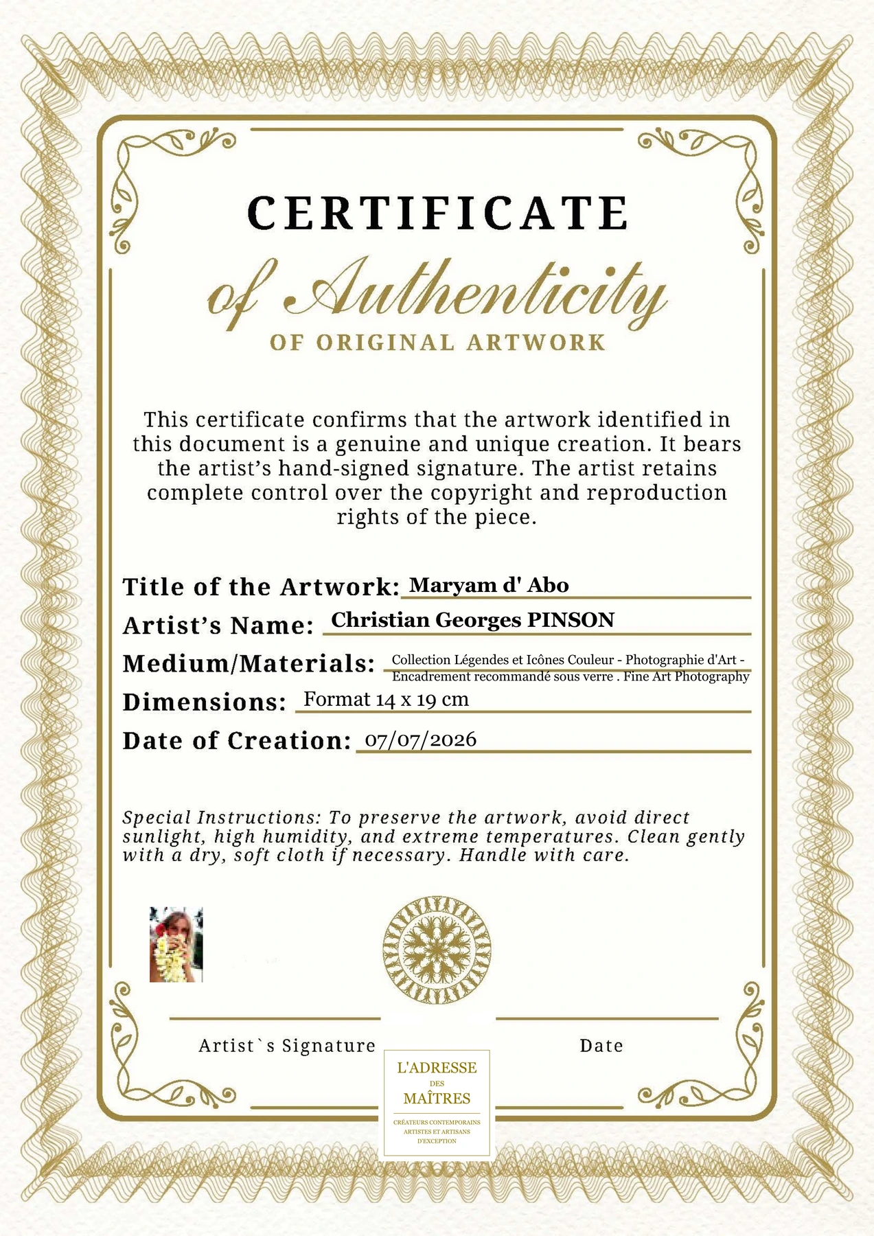 Certificat d'authenticité - Maryam d' Abo - Christian Georges PINSON