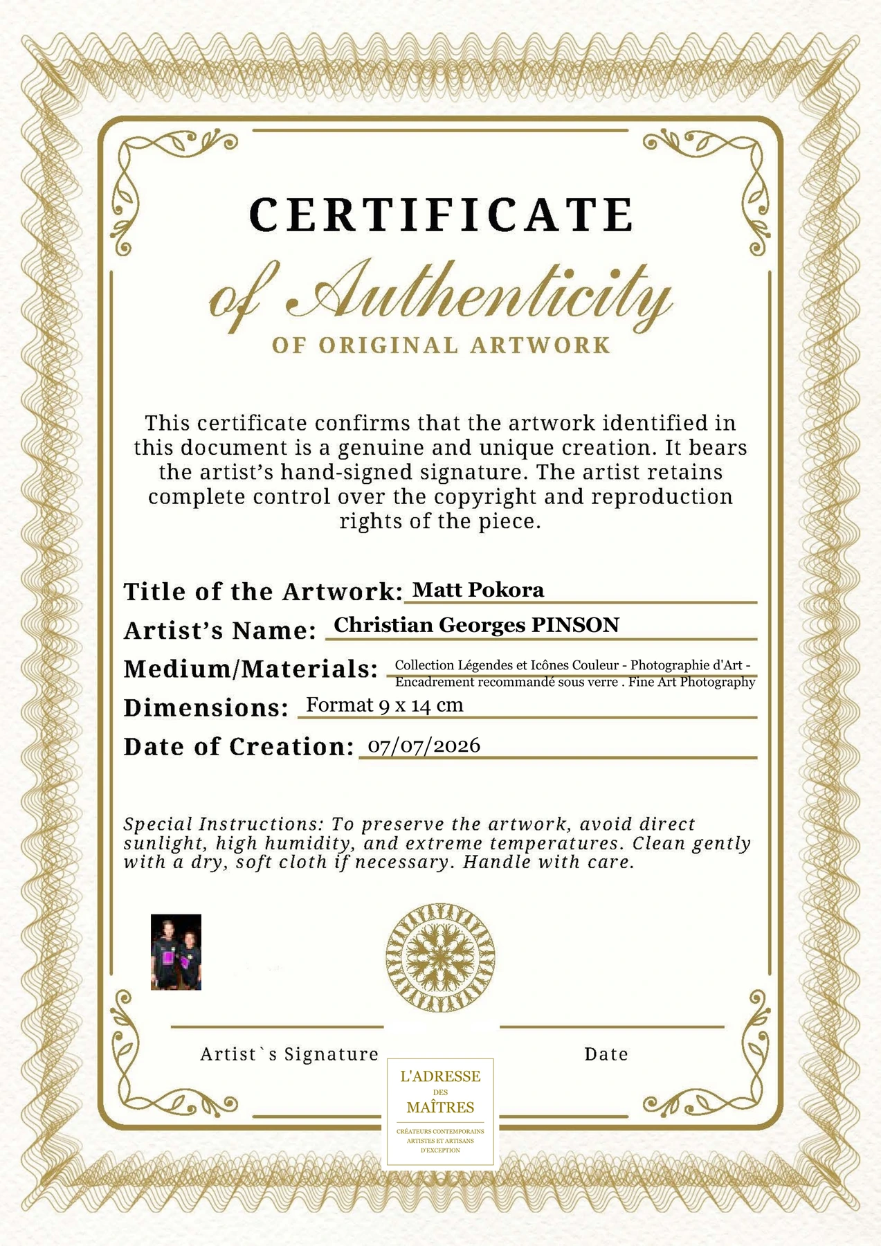 Certificat d'authenticité - Matt Pokora - Christian Georges PINSON