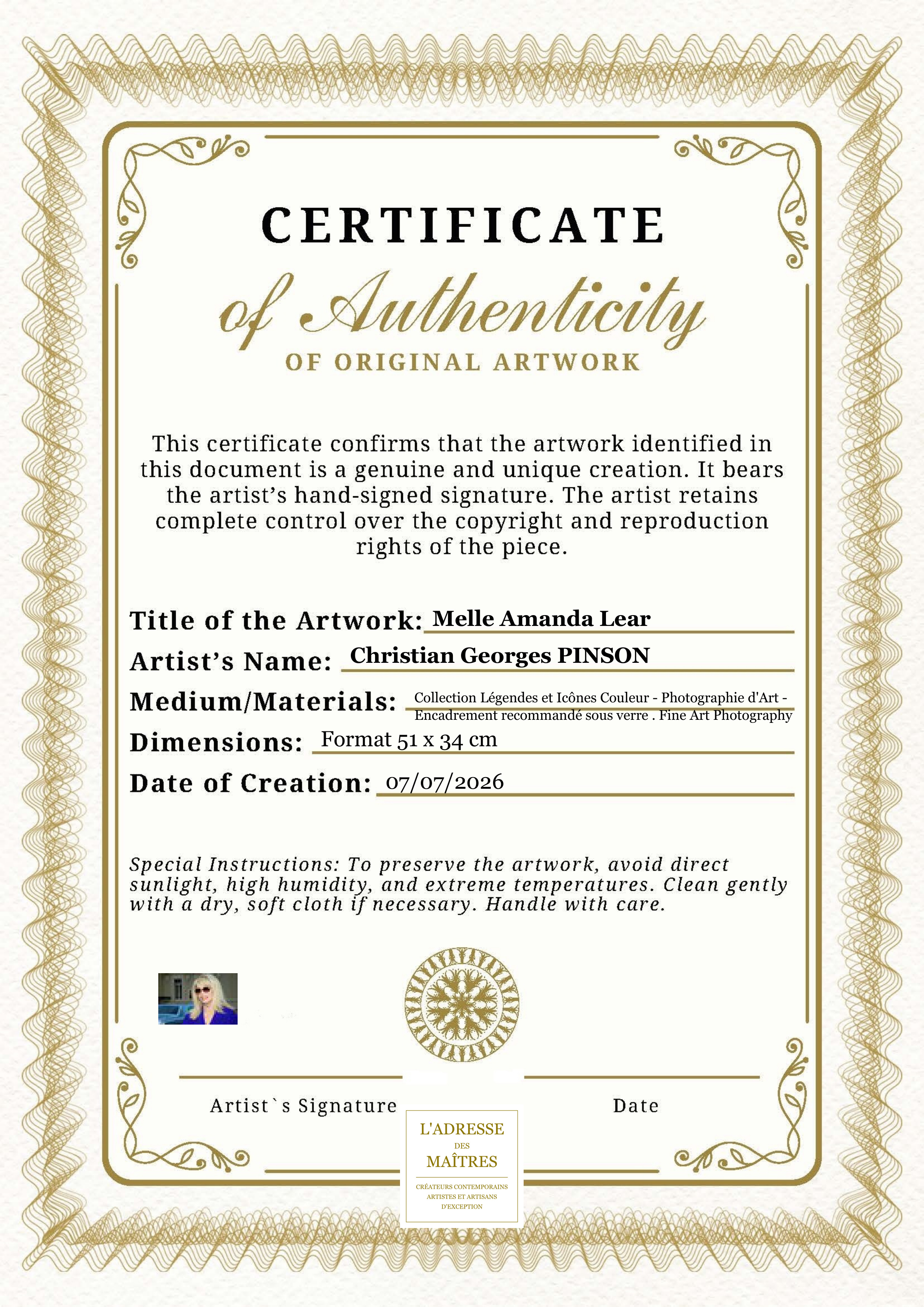 Certificat d'authenticité — Melle Amanda Lear — Christian Georges PINSON