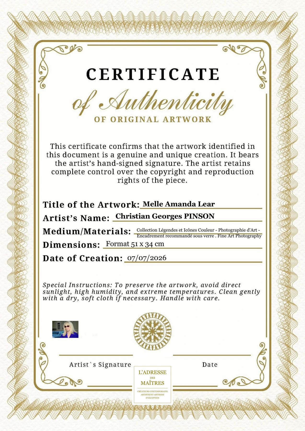 Certificat d'authenticité - Melle Amanda Lear - Christian Georges PINSON