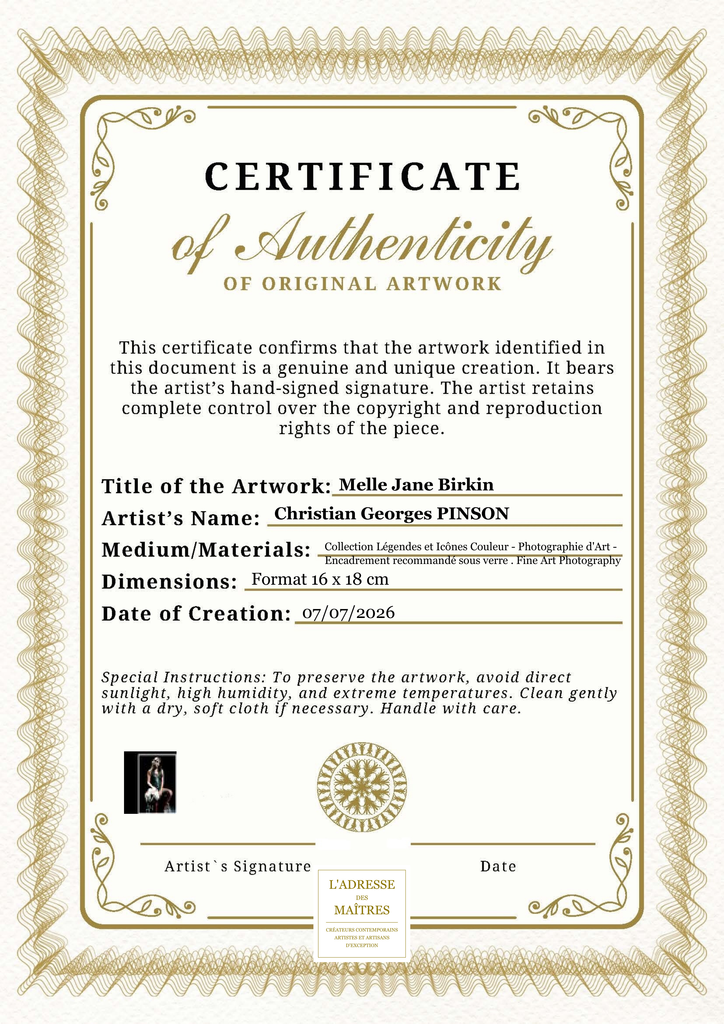 Certificat d'authenticité — Melle Jane Birkin — Christian Georges PINSON