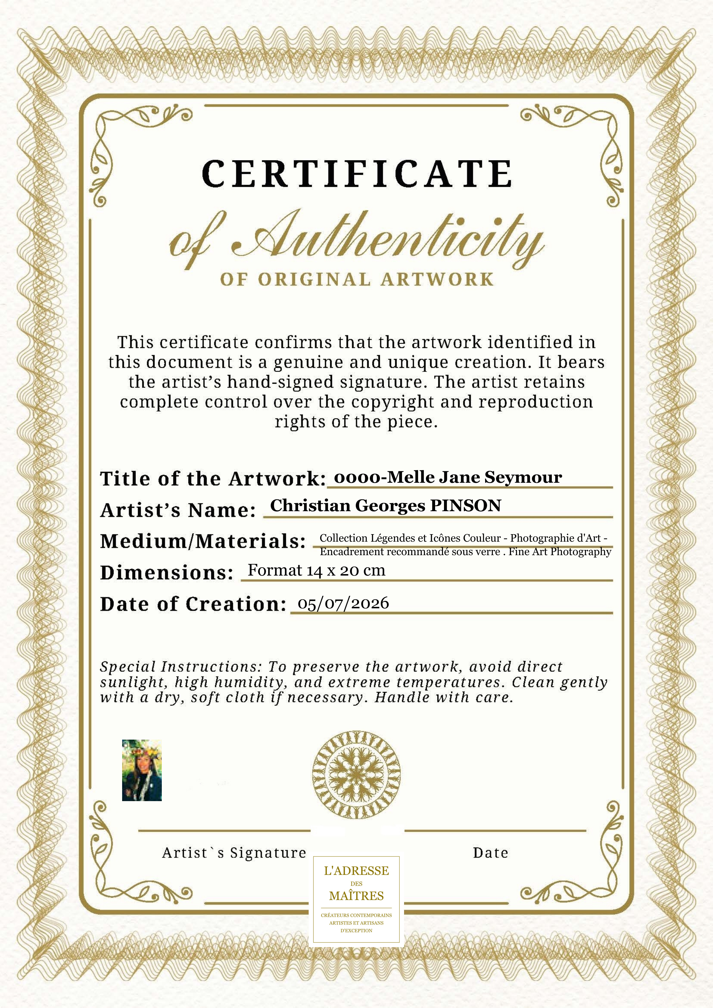 Certificat d'authenticité — 0000-Melle Jane Seymour — Christian Georges PINSON