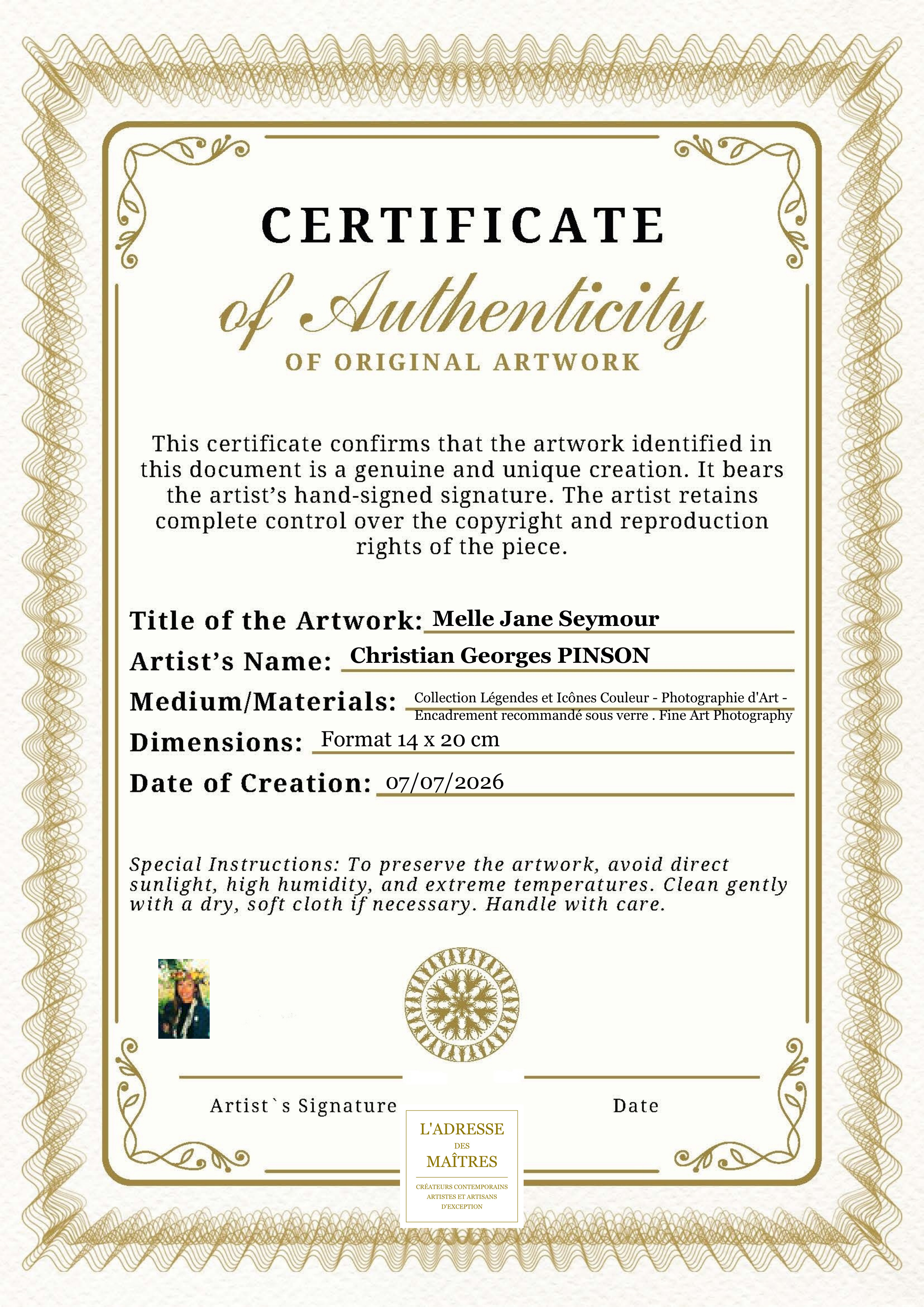 Certificat d'authenticité — Melle Jane Seymour — Christian Georges PINSON