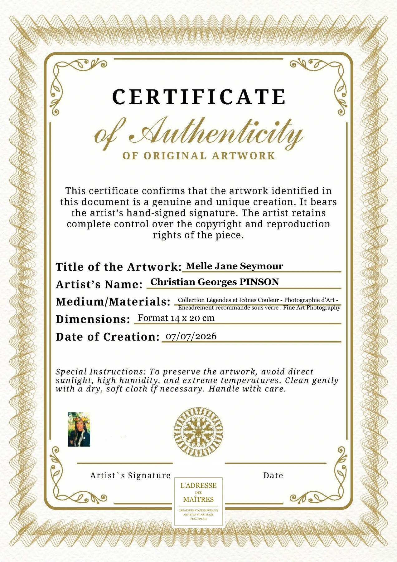 Certificat d'authenticité - Melle Jane Seymour - Christian Georges PINSON
