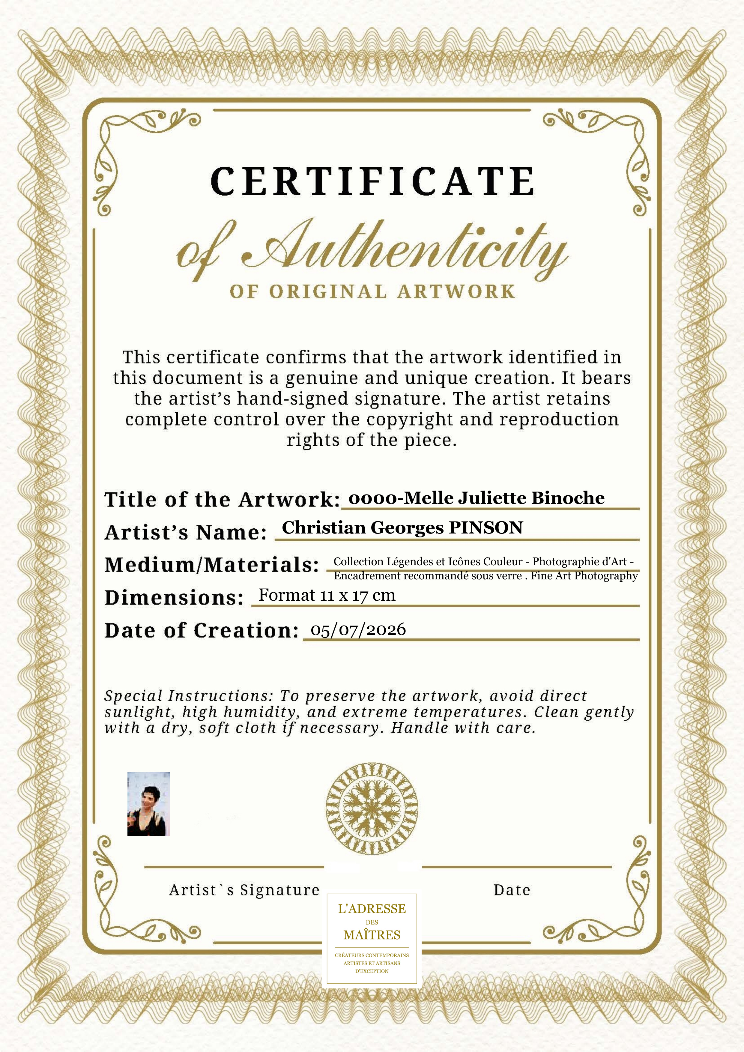 Certificat d'authenticité — 0000-Melle Juliette Binoche — Christian Georges PINSON