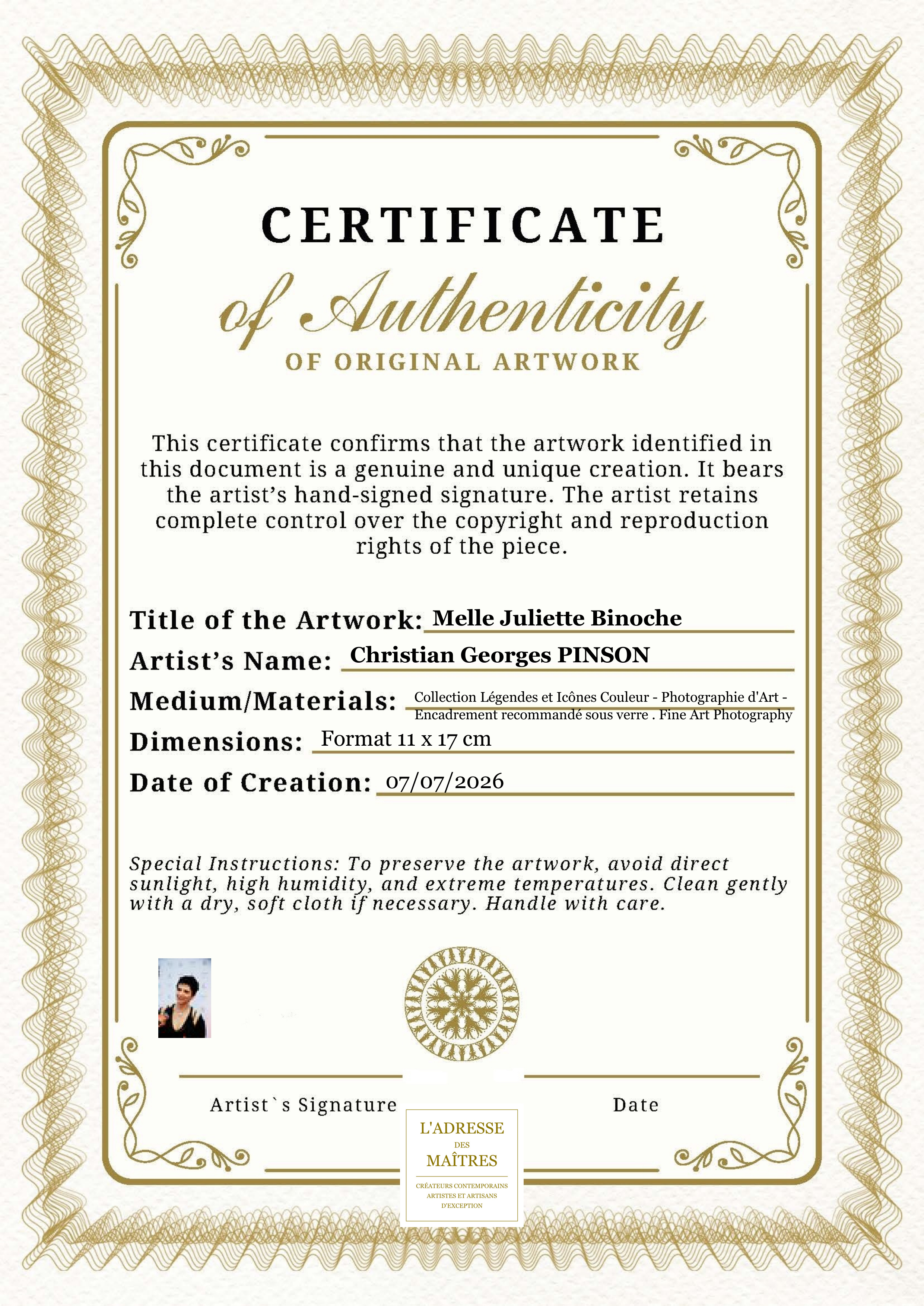 Certificat d'authenticité — Melle Juliette Binoche — Christian Georges PINSON